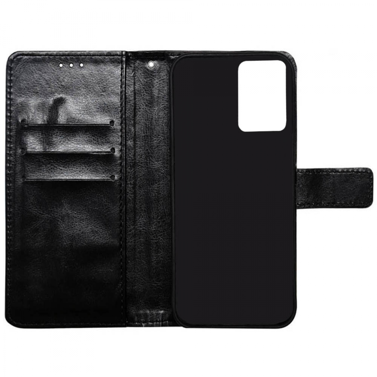 Schwarze Leder-Handyhülle, offen. Innenraum mit Kartenfächern und schwarzem Telefonhalter.