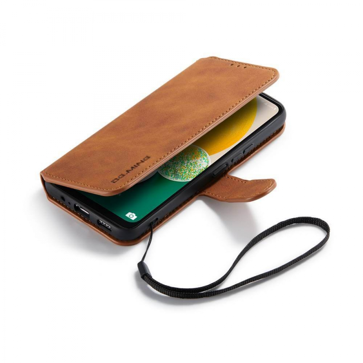 Braune Handyhülle mit einem Telefon darin. Die Hülle ist offen.