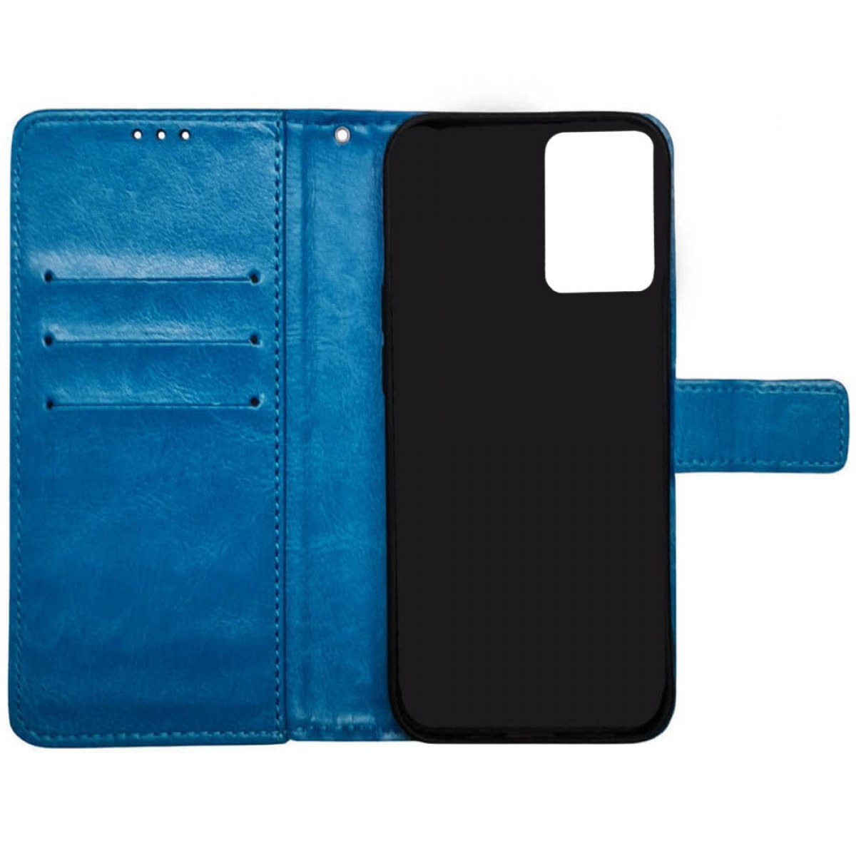 Geöffnete blaue Handyhülle mit schwarzem Telefon und weißem Rechteckausschnitt.