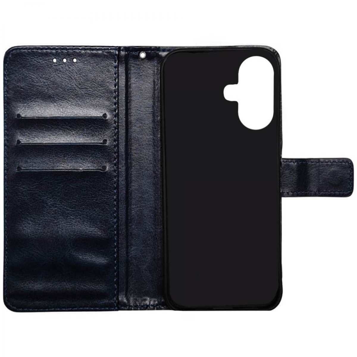 Blaue Leder-Handyhülle offen mit einem Telefon darin. Das Telefon ist schwarz.