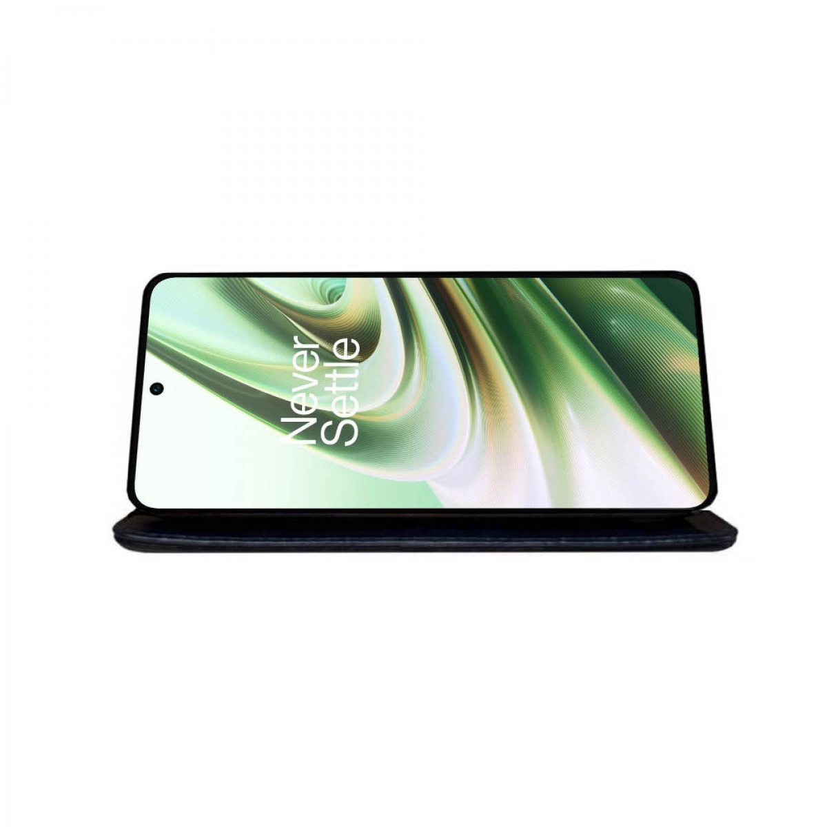Ein Smartphone mit schwarzem Rahmen und einem Bildschirm, der ein grünes und weißes abstraktes Bild zeigt.