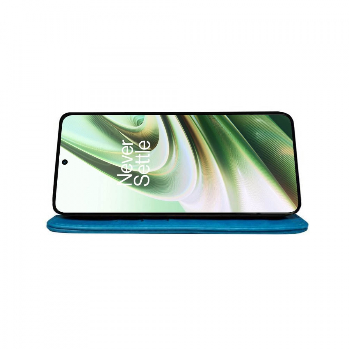 Smartphone auf blauem Ständer, mit den Worten Never Settle auf dem Bildschirm.