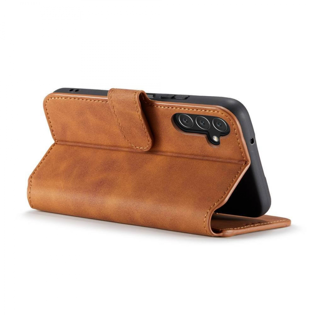 Braune Leder-Handyhülle, offen, Telefon zeigend. Schwarzes Telefon, Seitenansicht.
