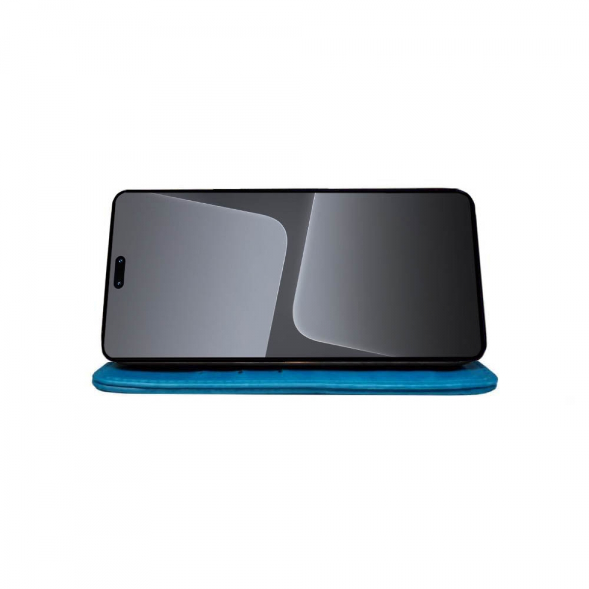 Telefon auf einer blauen Oberfläche. Weißer Hintergrund.