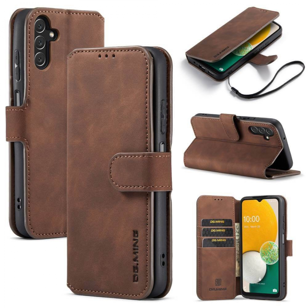 Braune Leder-Handyhülle mit Telefon, Kartenfächern und Magnetverschluss.