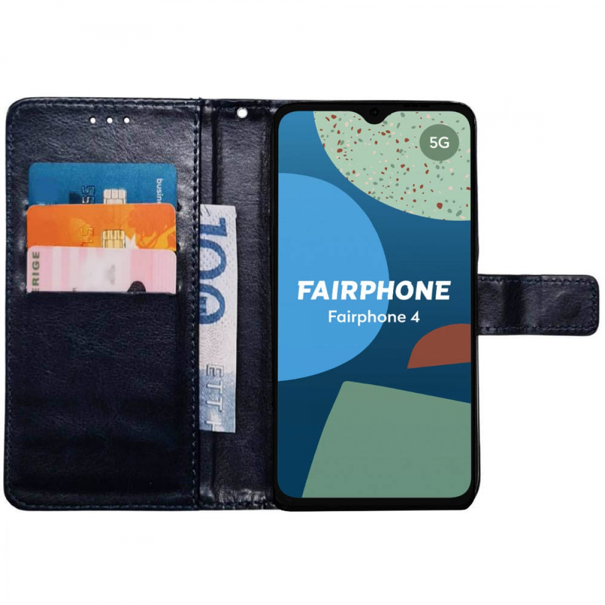 Blaue Leder-Handyhülle mit Karten, Geldschein und Telefon mit Fairphone-Logo.