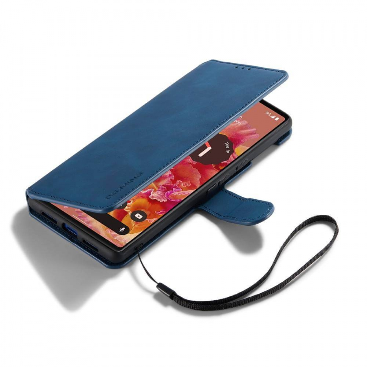 Blaue Handyhülle mit einem Telefon darin. Geöffnete Hülle zeigt Telefonbildschirm und Band.