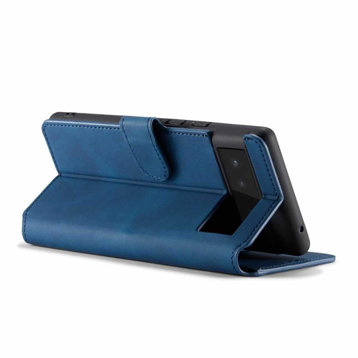 Eine blaue Handyhülle ist geöffnet und zeigt ein Telefon. Die Hülle hat einen Magnetverschluss.
