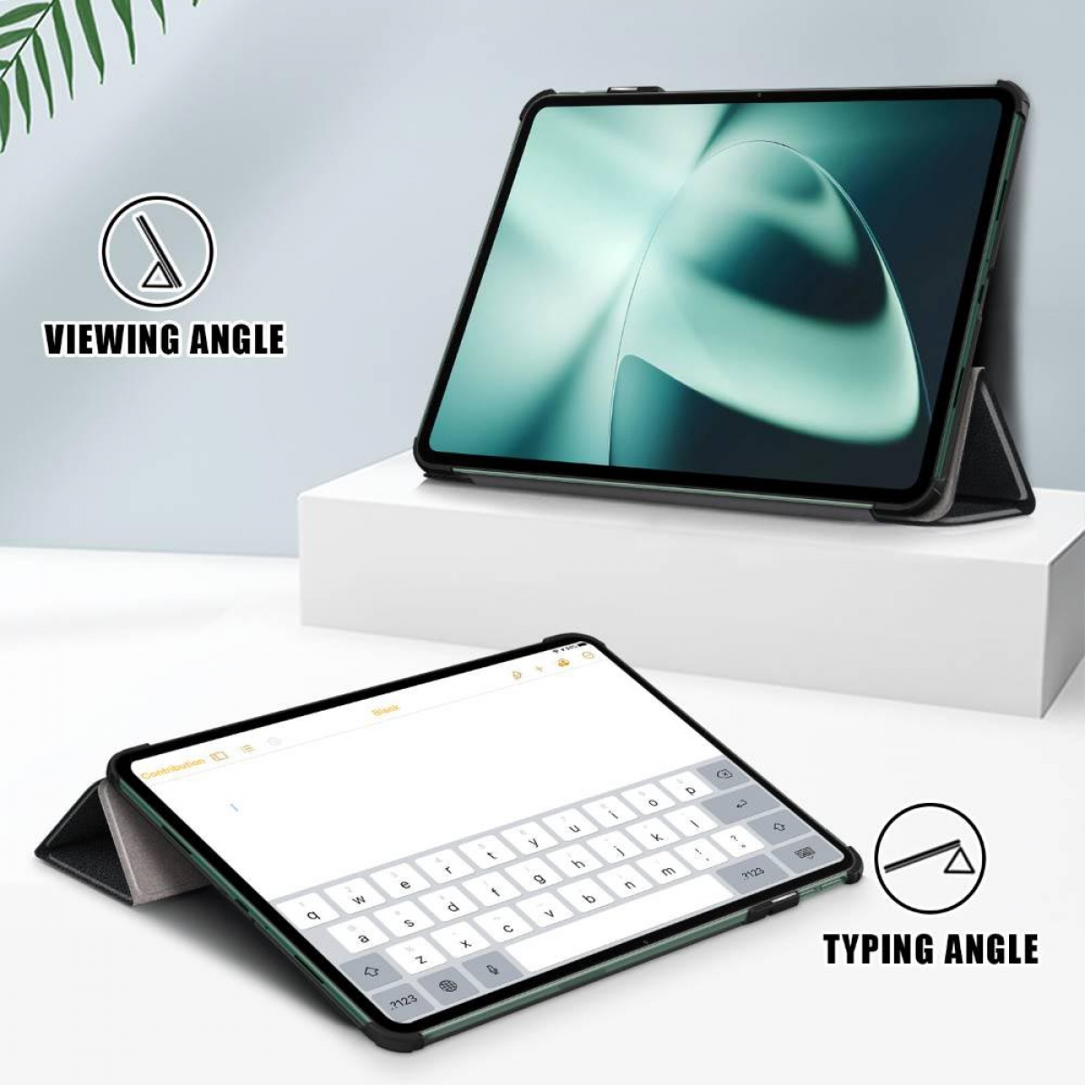 Tablet mit Hülle, die zwei verschiedene Betrachtungswinkel zeigt. Die Hülle kann das Tablet aufstellen.