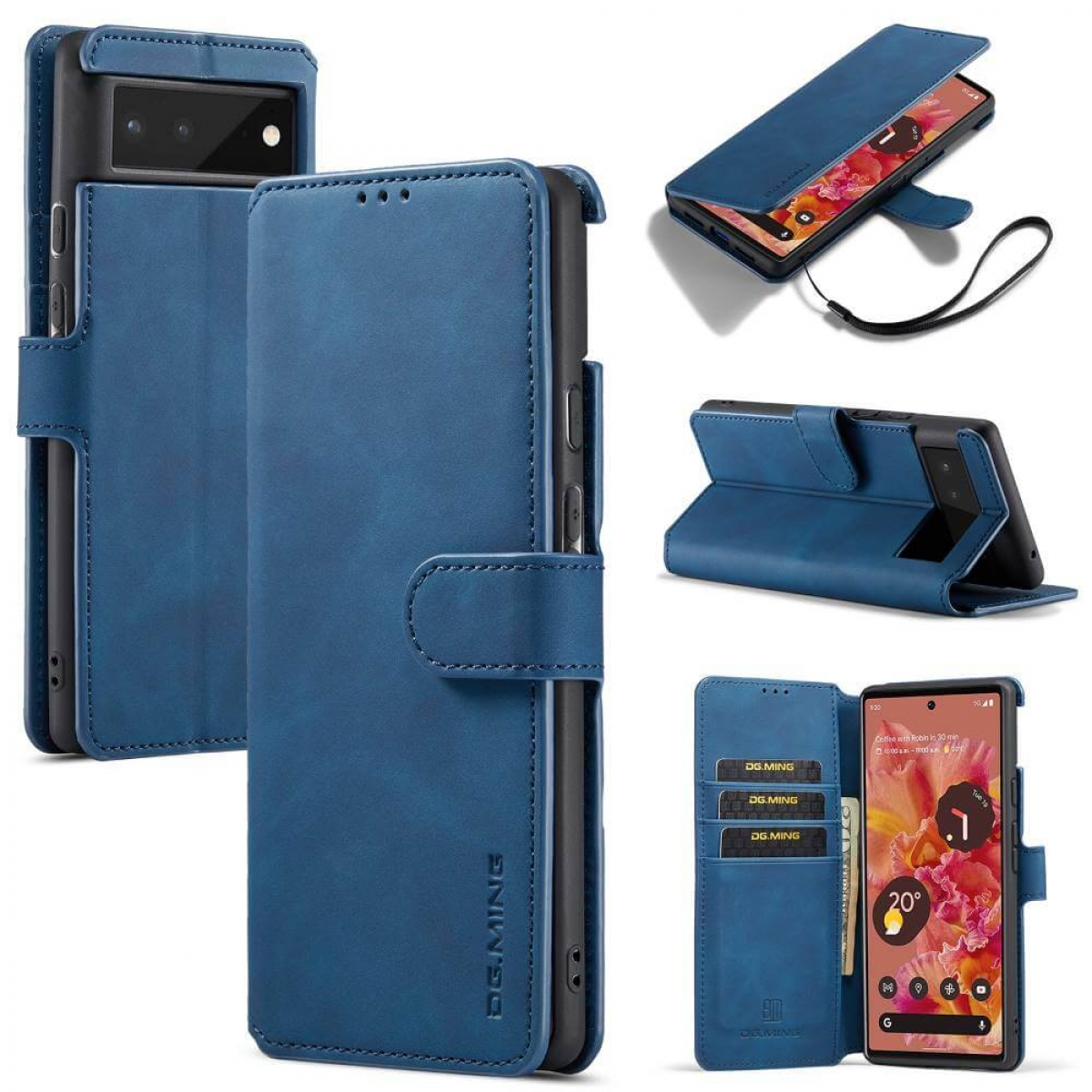 Blaue Handyhülle in verschiedenen Ansichten, die ein Telefon mit Karten hält. Zeigt ein Telefon an.