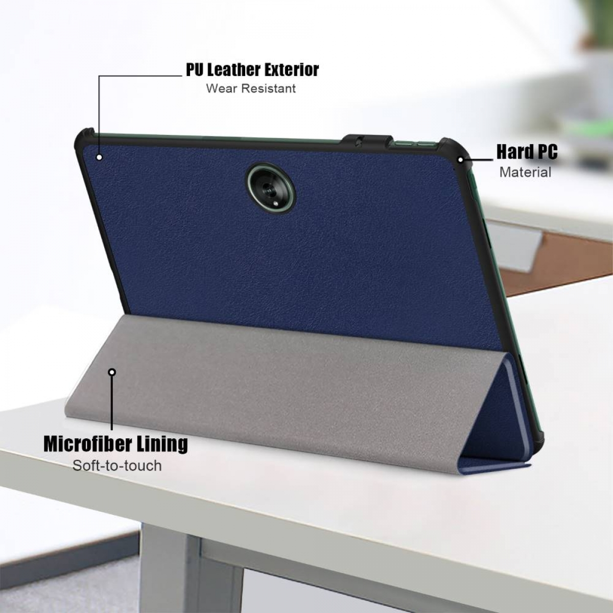 Tablet in einer blauen Hülle mit grauem Ständer, auf weißer Oberfläche, mit Textbeschriftungen.