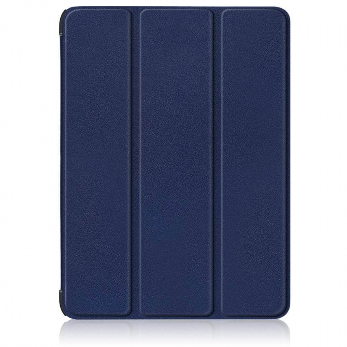 Eine marineblaue Tablet-Hülle mit drei vertikalen Paneelen, die Oberfläche hat ein strukturiertes Muster.