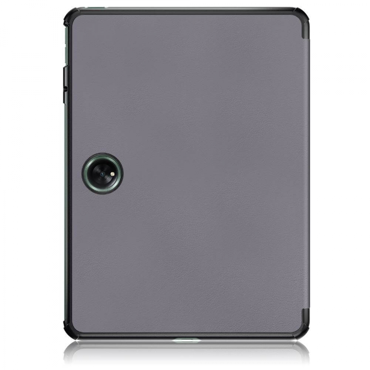 Ein graues Tablet mit einem Kameraobjektiv auf der Rückseite, schwarzem Rand und reflektierender Oberfläche.