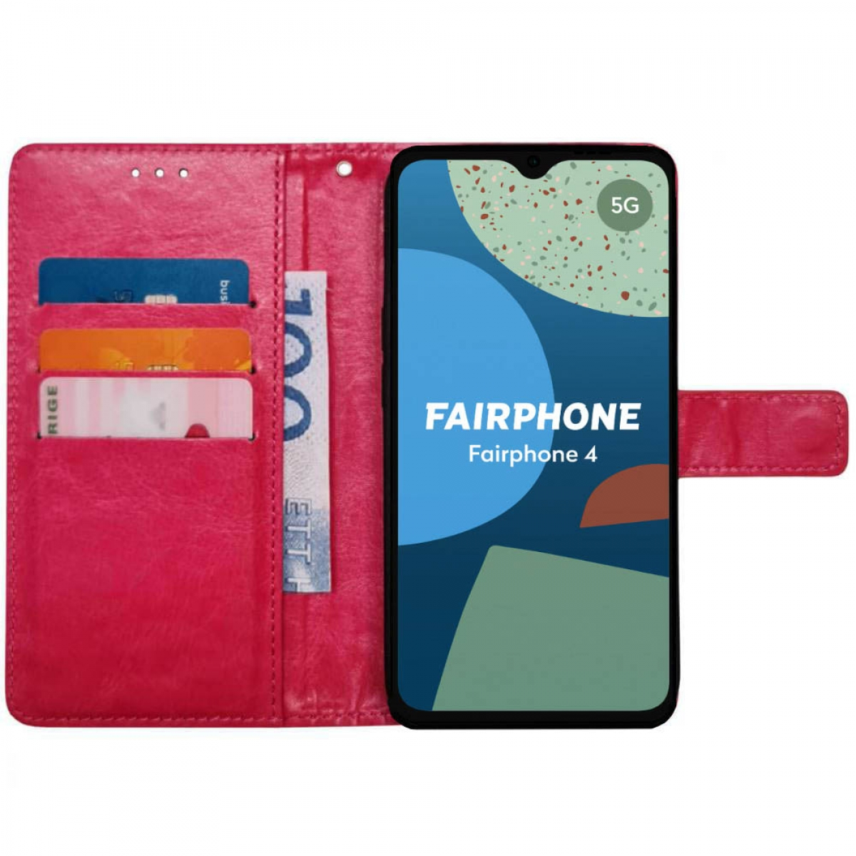 Rosa Handyhülle mit Telefon und Kartenfächern. Das Telefon zeigt Fairphone-Logo.