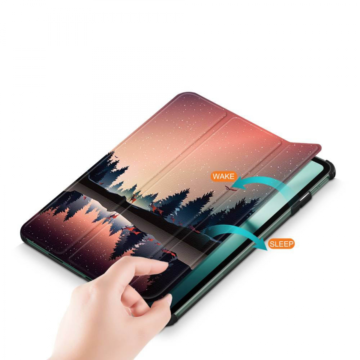 Tablet-Hülle mit Waldszene, geöffnet, zeigt 'wake' und 'sleep' Beschriftungen.