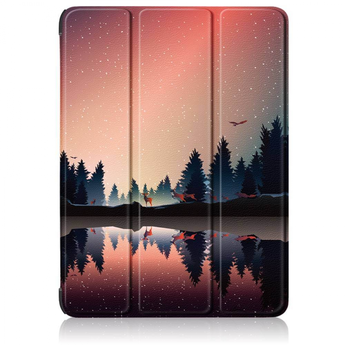 Tablet-Hülle mit Landschaftsszene: Bäume, See und Sternenhimmel. Rote und violette Farben.