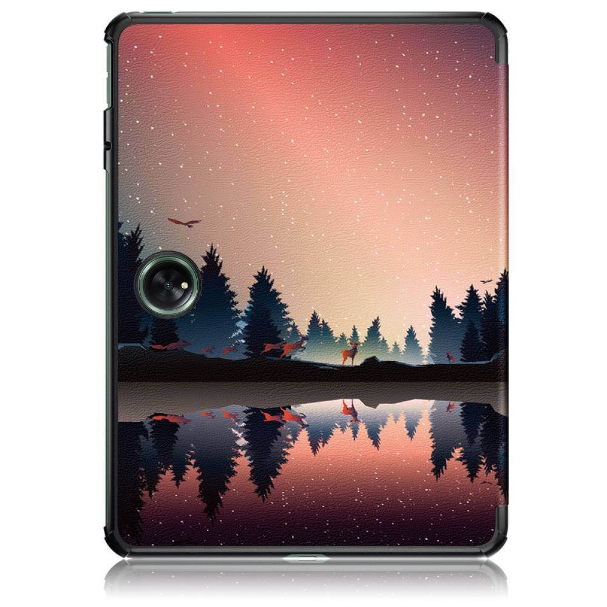 Handyhülle mit einer Landschaft aus Bäumen und einem See, mit Sternenhimmel-Reflexion.