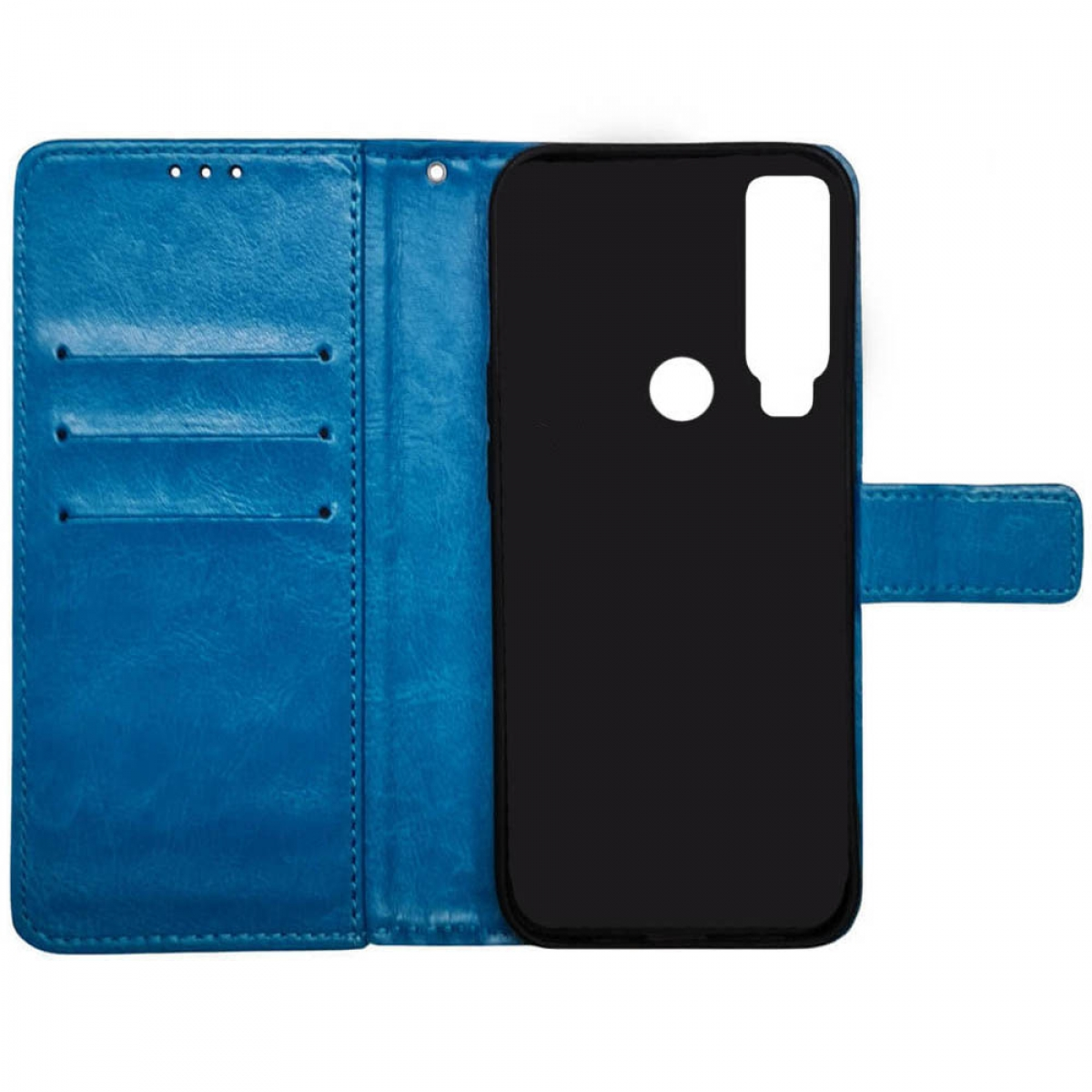 Blaue Handyhülle, geöffnet. Telefon ist innen, das Innere ist schwarz.