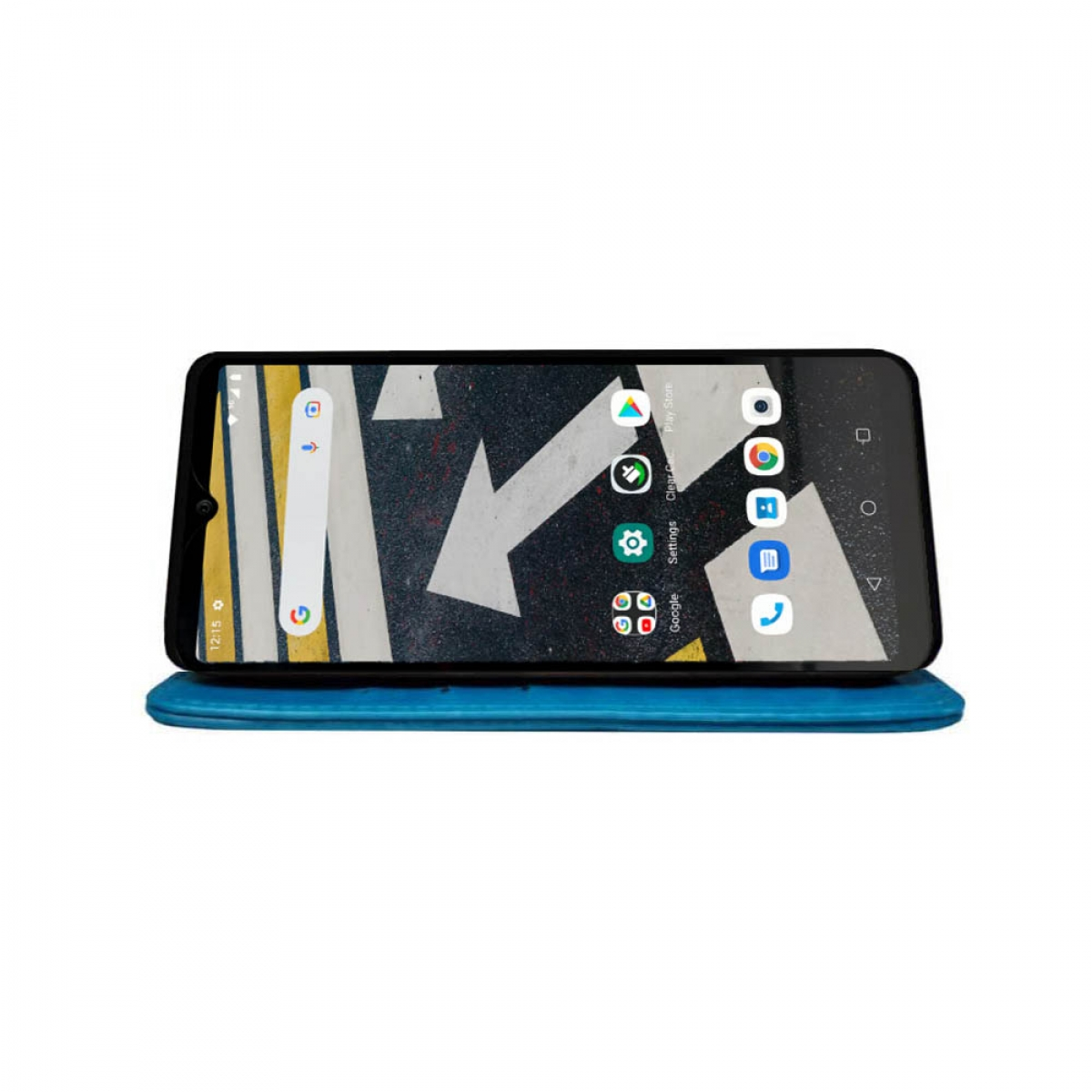 Telefon auf blauem Ständer, zeigt einen Startbildschirm mit Pfeilen und App-Symbolen. Einstellungen werden gezeigt.