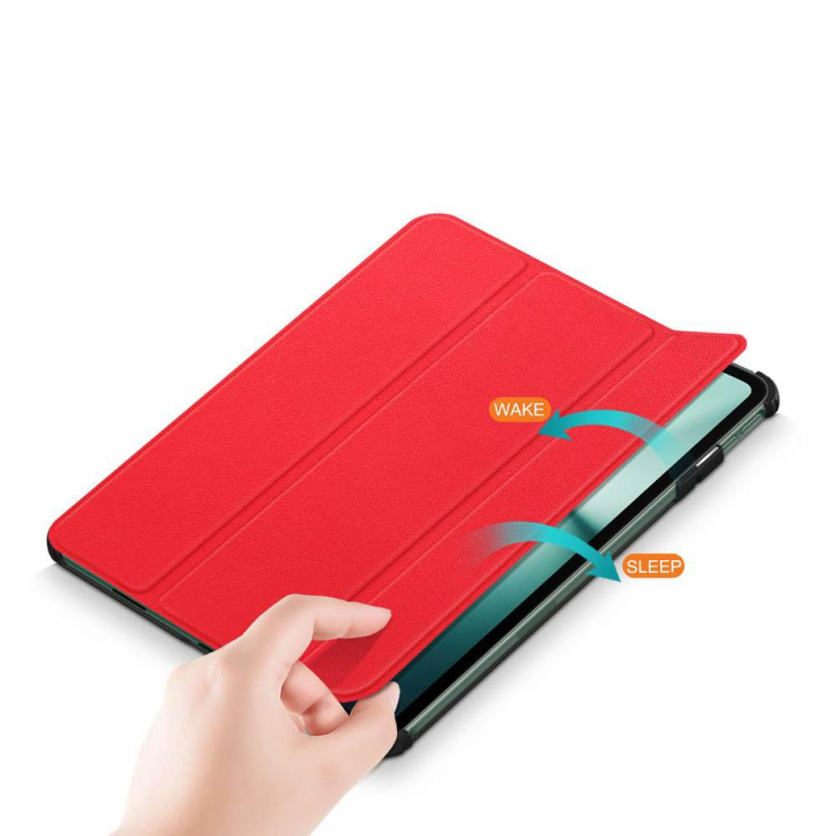 Eine rote Tablet-Hülle mit einer Hand, die sie öffnet und den Bildschirm zeigt.