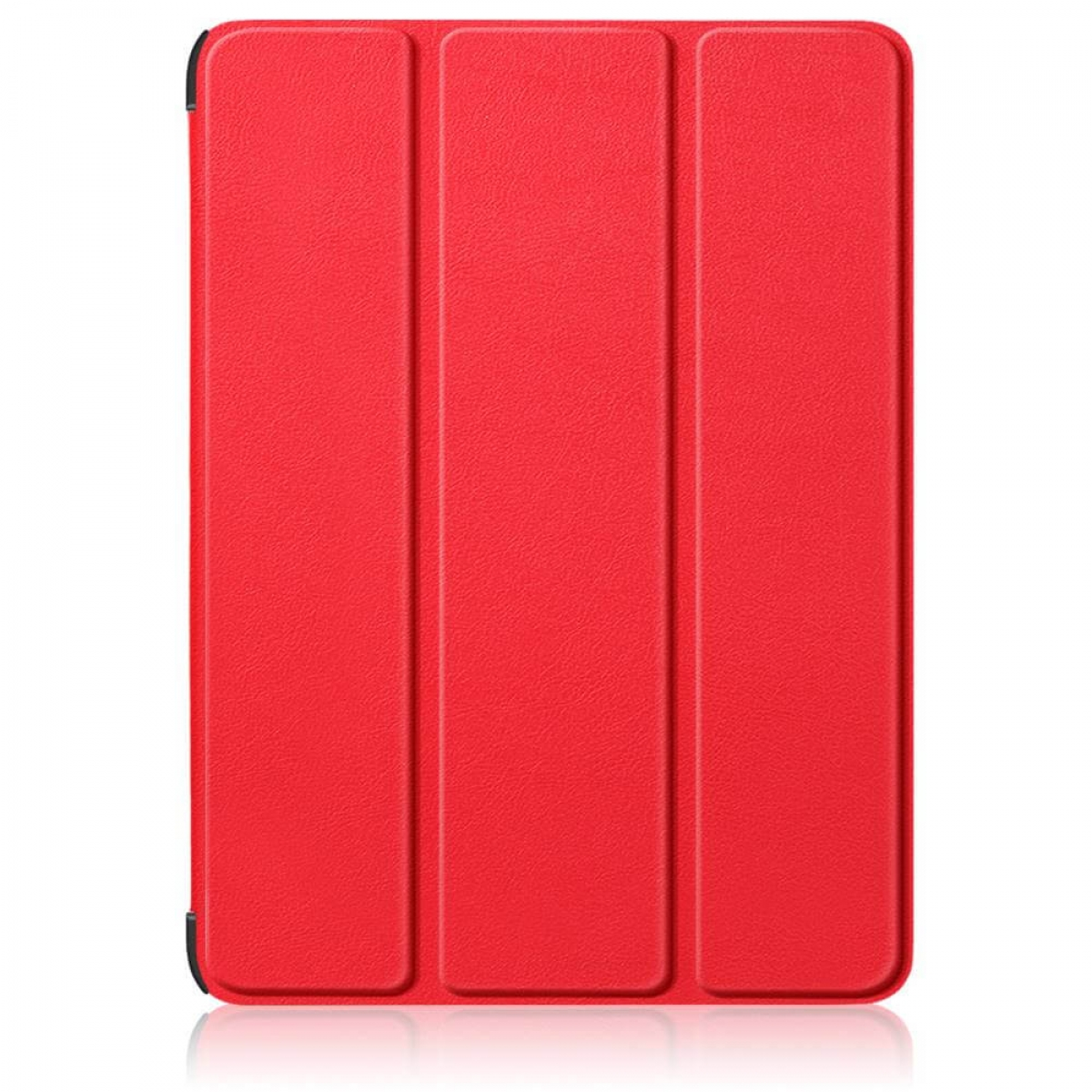 Rote Tablet-Hülle, geschlossen. Drei vertikale Paneele. Glatte Oberfläche. Schwarze Kanten. Weißer Hintergrund.