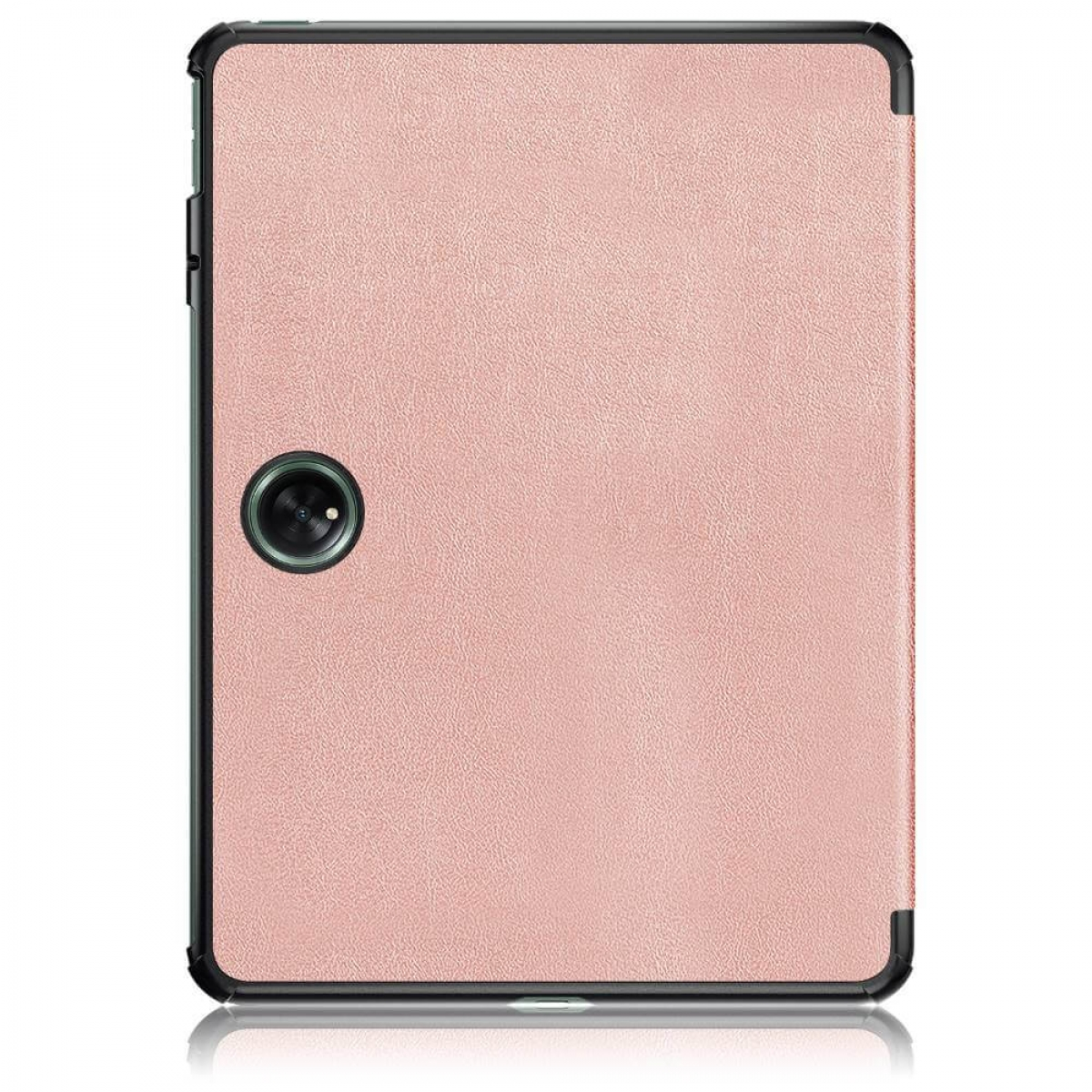 Tablet-Hülle, rosa-braunes lederartiges Material, Kameraaussparung. Schwarzer Rahmen.