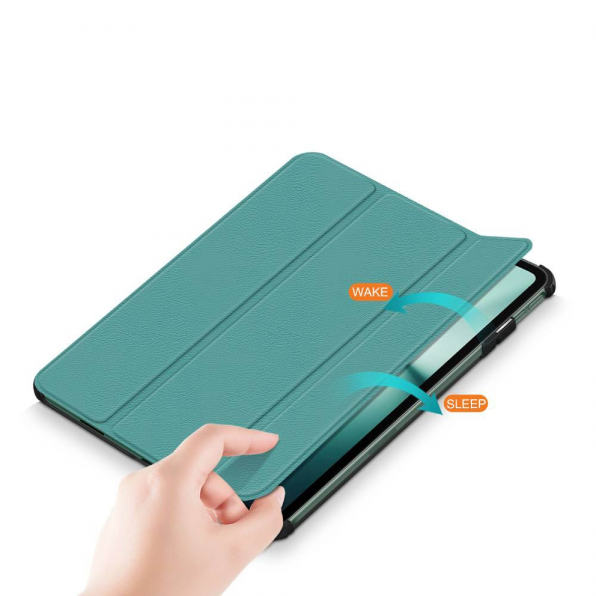 Eine offene türkisfarbene Tablethülle mit Hand, die einen schwarzen Tablet-Bildschirm freigibt. Pfeile zeigen Aufwachen und Schlafen an.