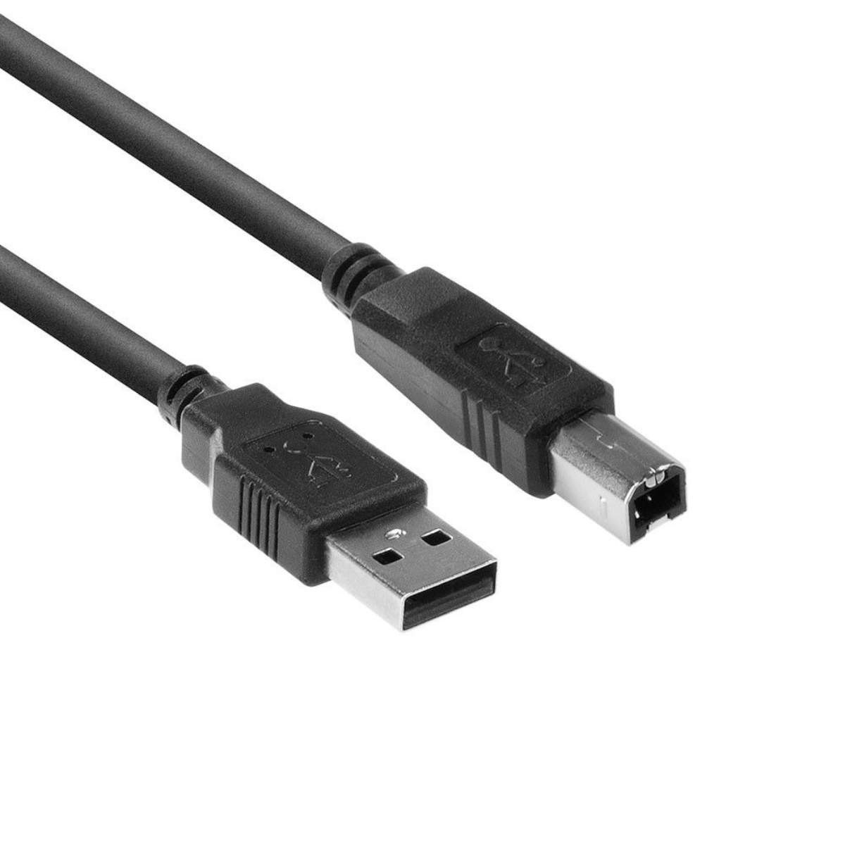 Czarny kabel USB z wtyczkami USB-A i USB-B na białym tle.