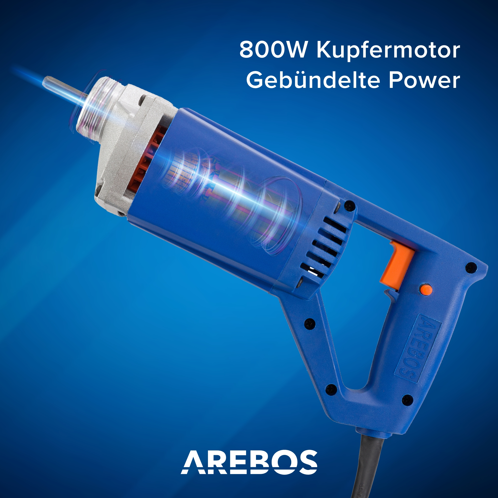 Blaues Arebos Elektrowerkzeug mit Text-Overlay vor blauem Farbverlauf. Das Werkzeug wird angezeigt.