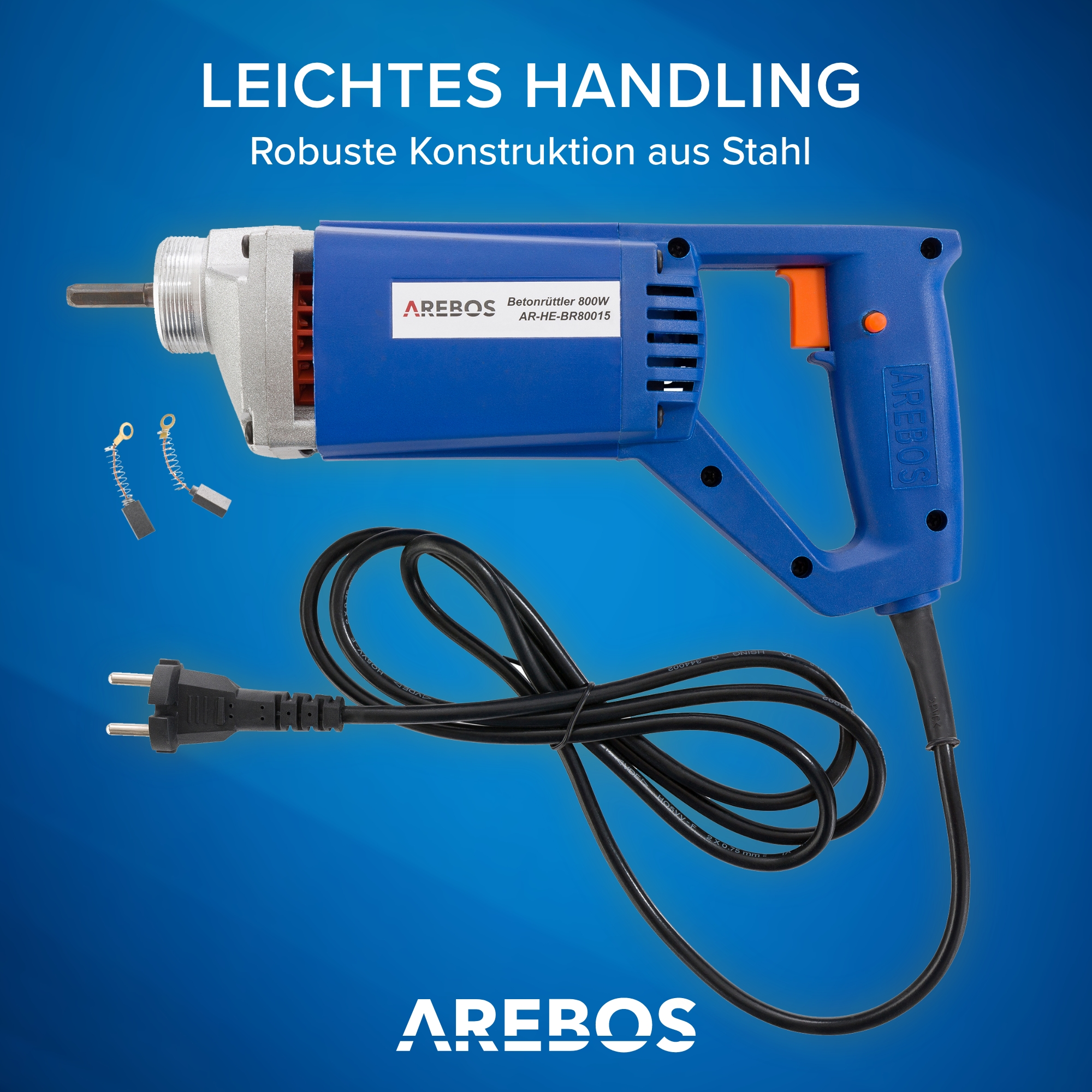 Ein blauer und silberner Arebos Betonrüttler mit schwarzem Netzkabel.
