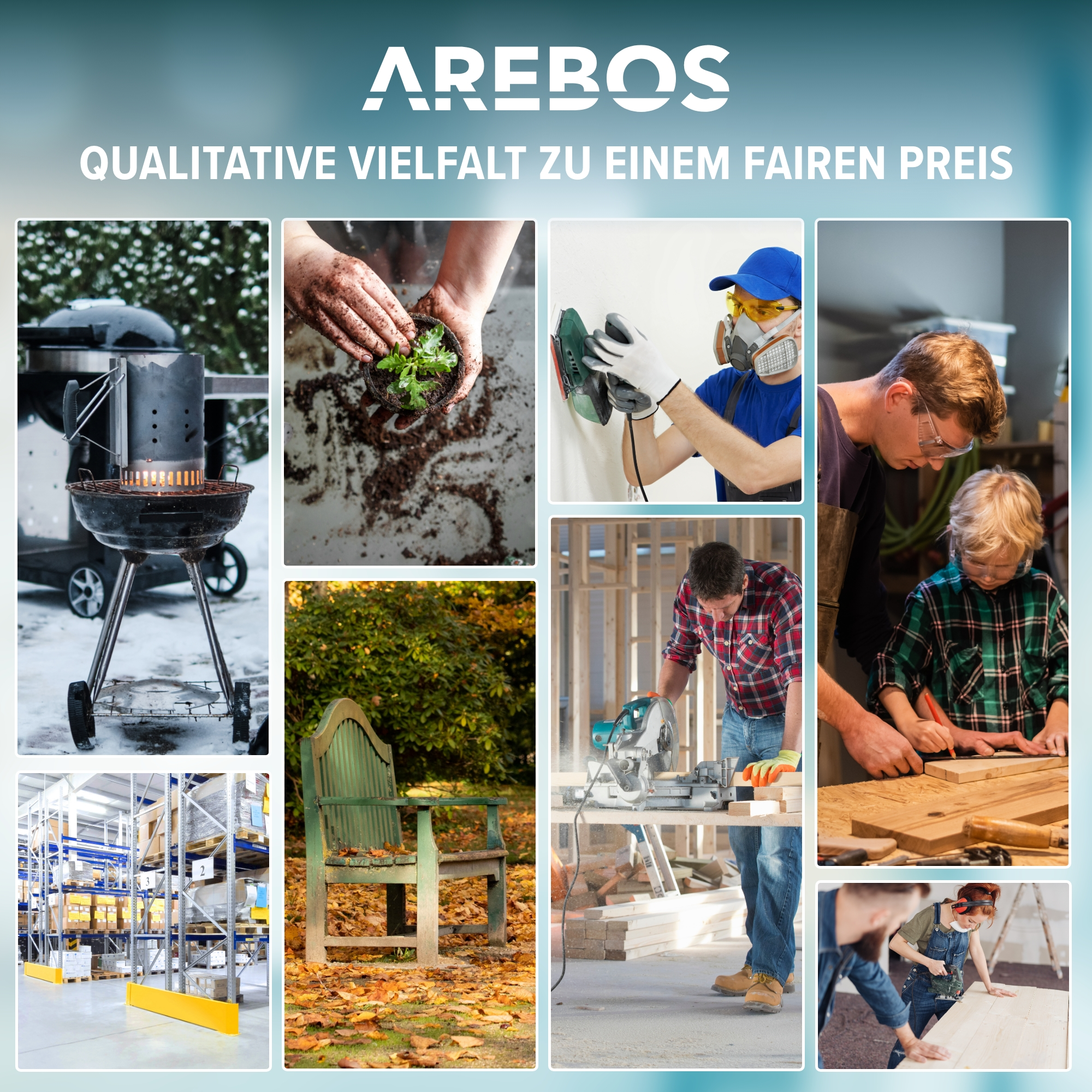 Collage: Grillen, Pflanzen, Schleifen, Bau, Holzbearbeitung, Lagerung, Stuhl und mehr.