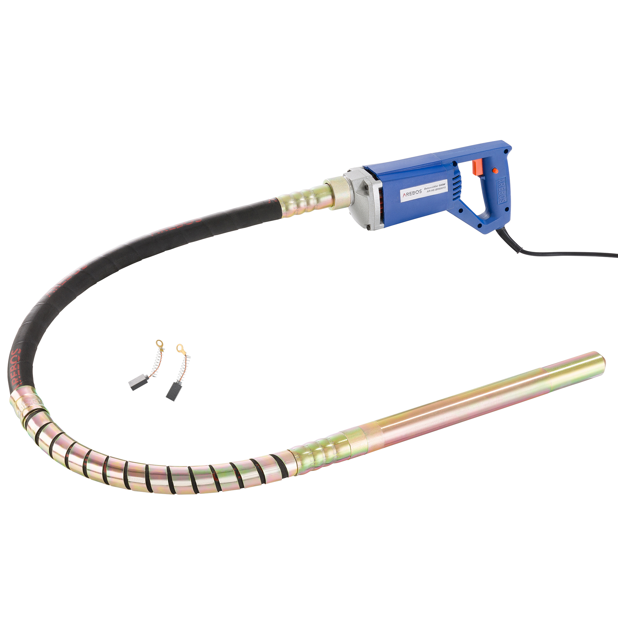 Elektrisches Betonrüttelwerkzeug, blau und silber, mit zwei Ersatzbürsten und einem Flexschlauch.