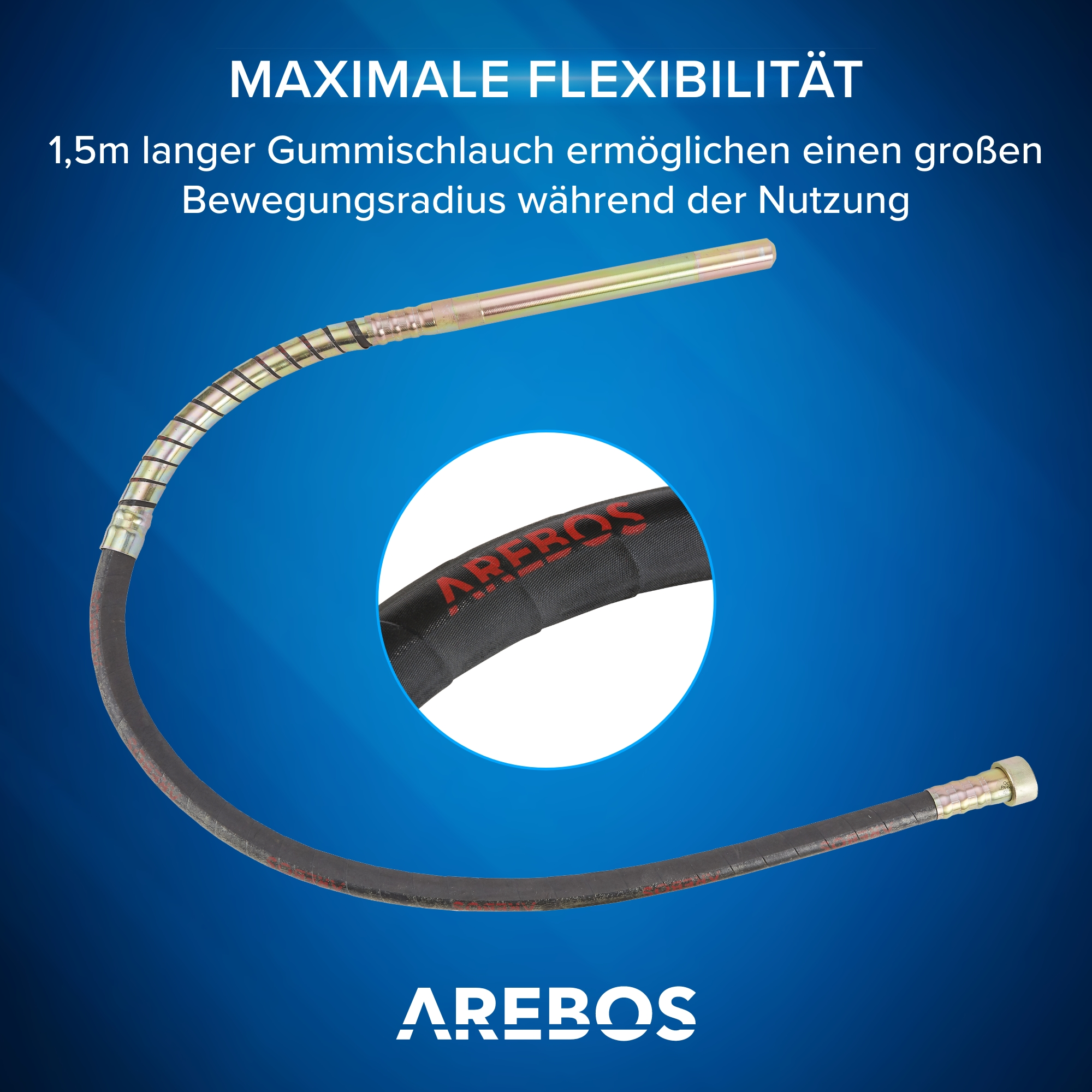 Ein schwarzer und silberner flexibler Schlauch mit Text. Nahaufnahme zeigt den Markennamen Arebos.
