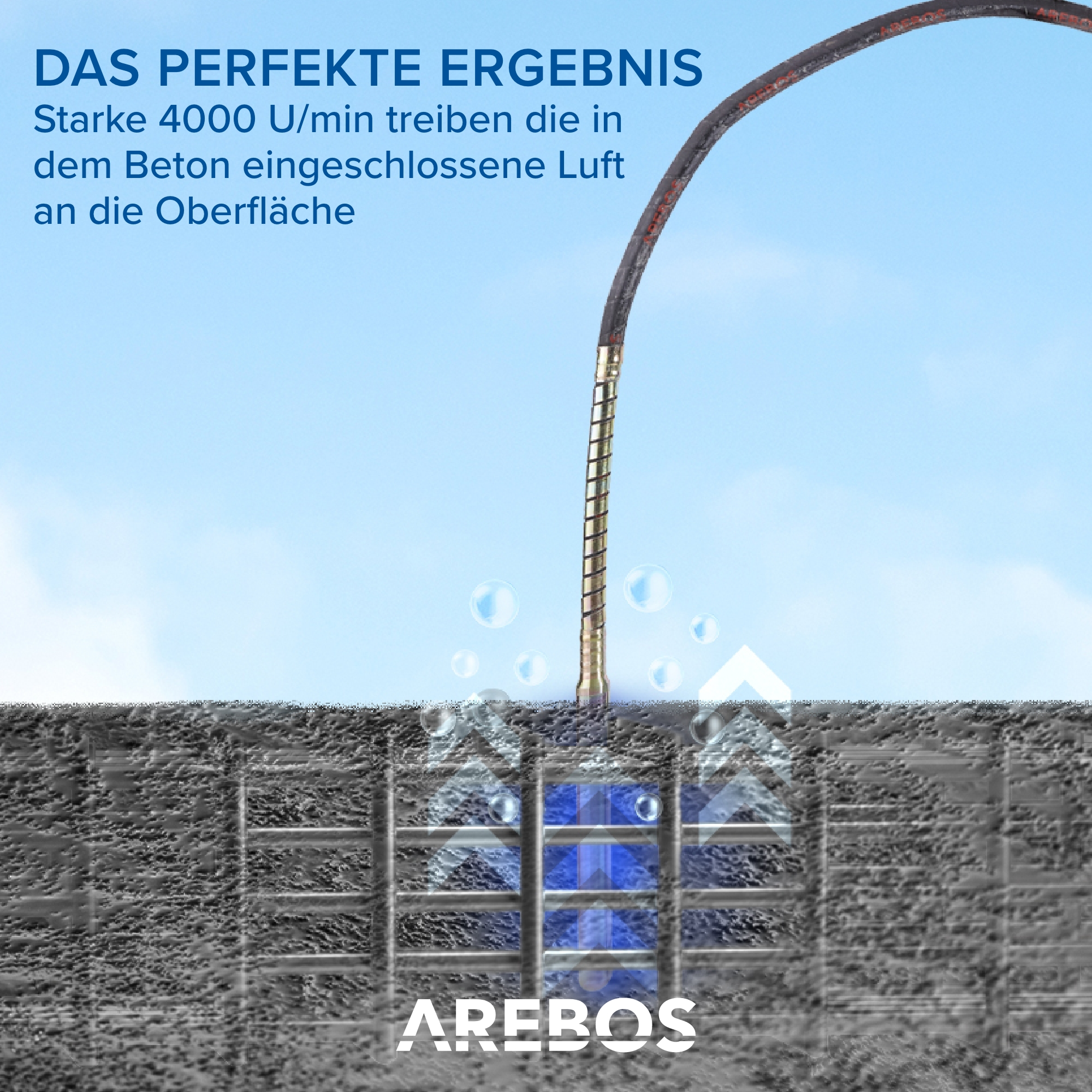 Ein Werkzeug in Beton, Blasen steigen auf. Text sagt perfektes Ergebnis. Himmel und Wolken sind der Hintergrund.