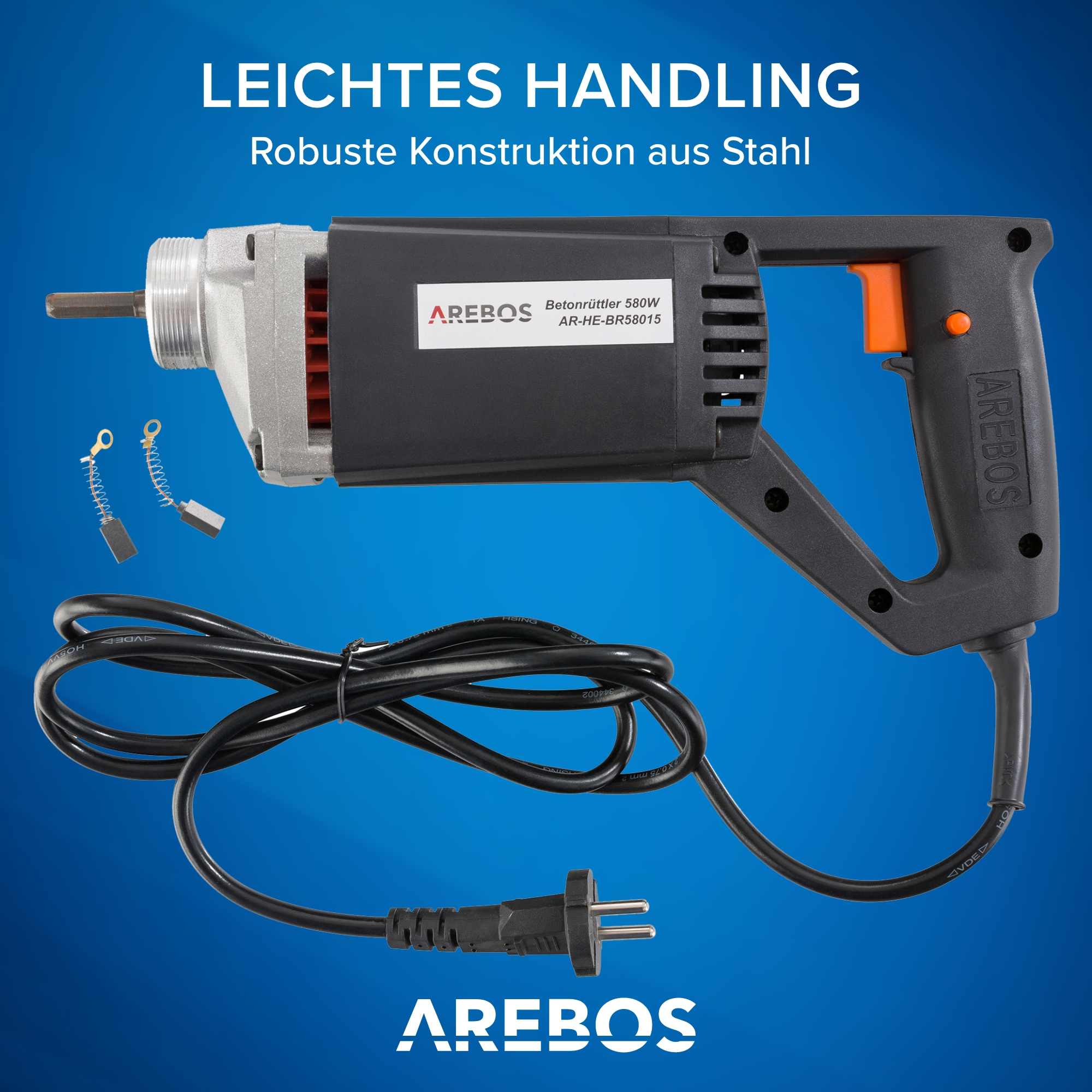 Elektrischer Betonrüttler in Schwarz und Grau mit Netzkabel. Die Marke AREBOS ist sichtbar.