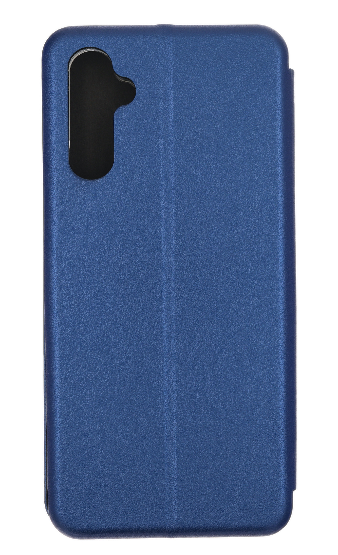 Blaue Telefonhülle geschlossen. Oberseite hat Kameraausschnitt und schwarze Öffnung. Sauberer weißer Hintergrund.