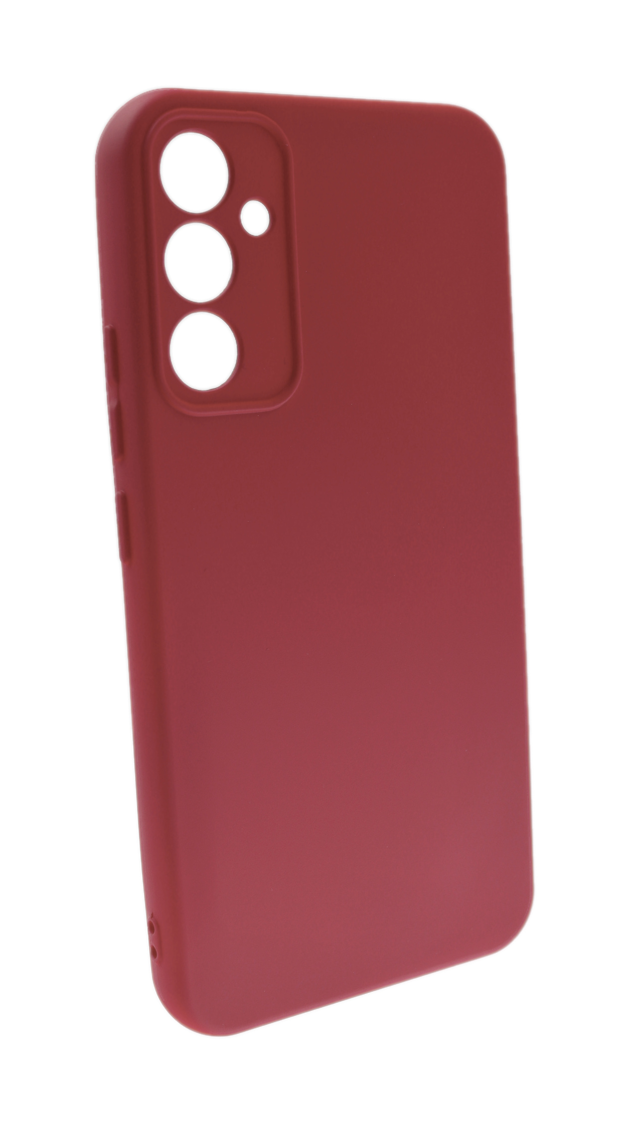 Rote Handyhülle. Die Hülle hat einen Kameraausschnitt und Knopfausschnitte. Die Hülle ist für ein Telefon.