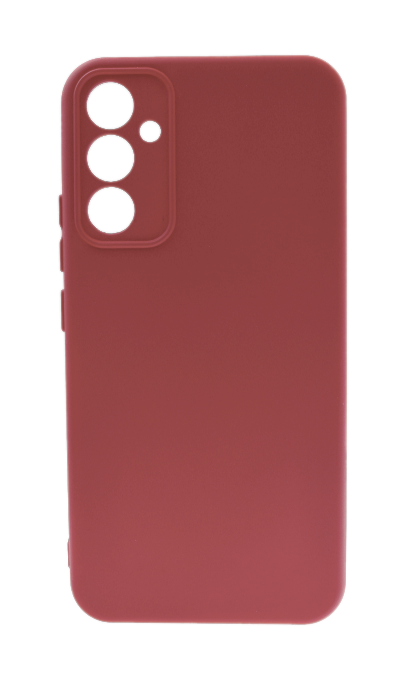 Rote Handyhülle mit Kamera- und Knopfausschnitten. Weißer Hintergrund.