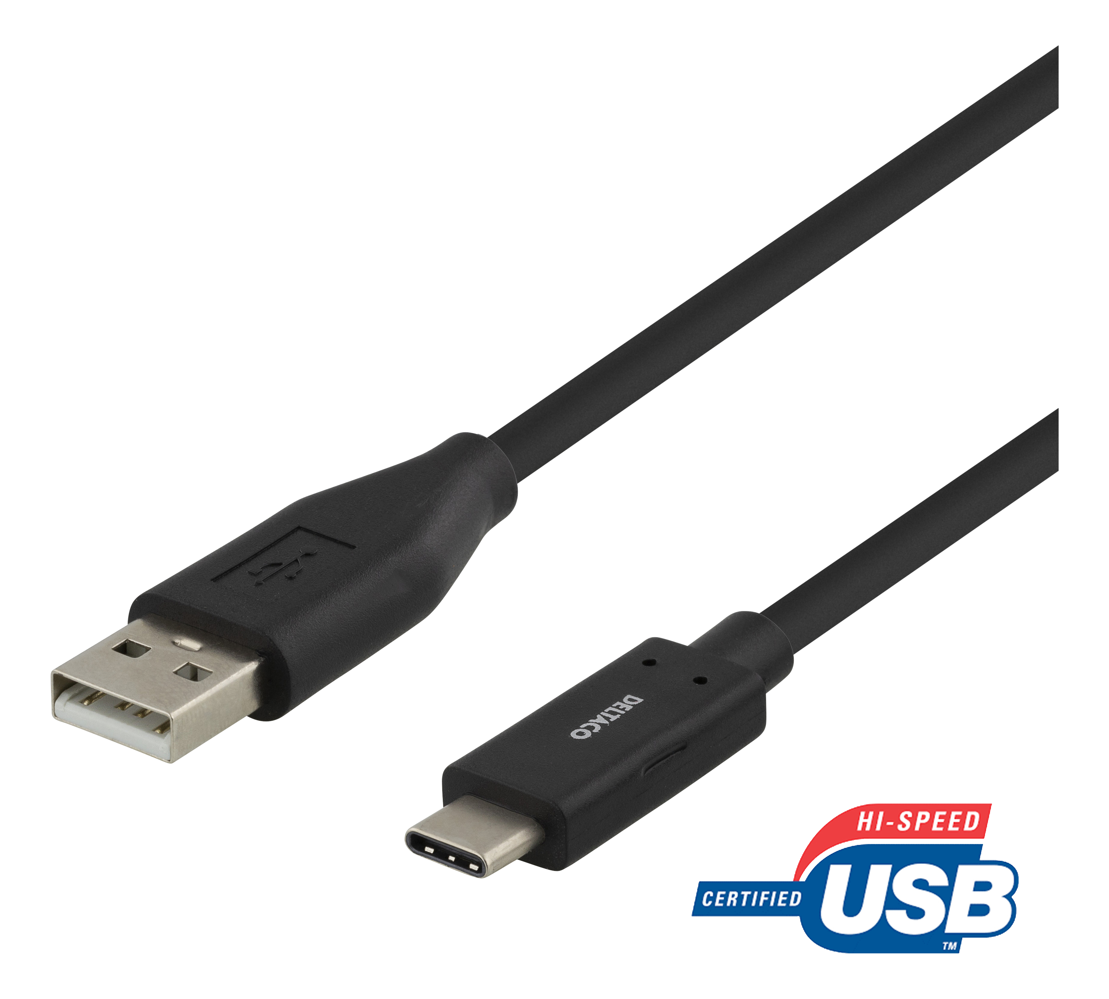 Cavo USB nero con connettori USB-A e USB-C. Ha un'etichetta USB ad alta velocità.