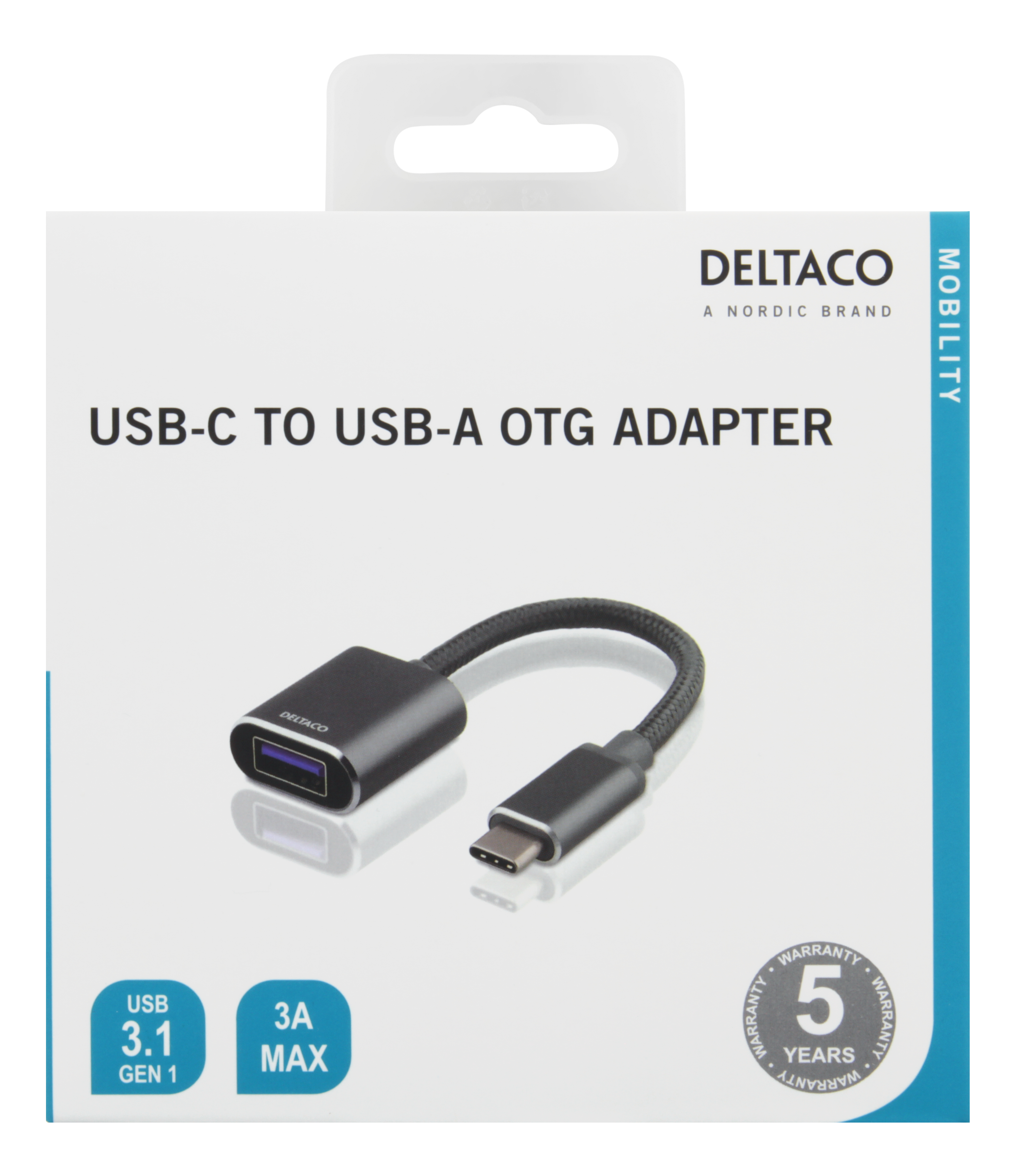 Schwarzer USB-C-zu-USB-A-OTG-Adapter in einer weißen Box.