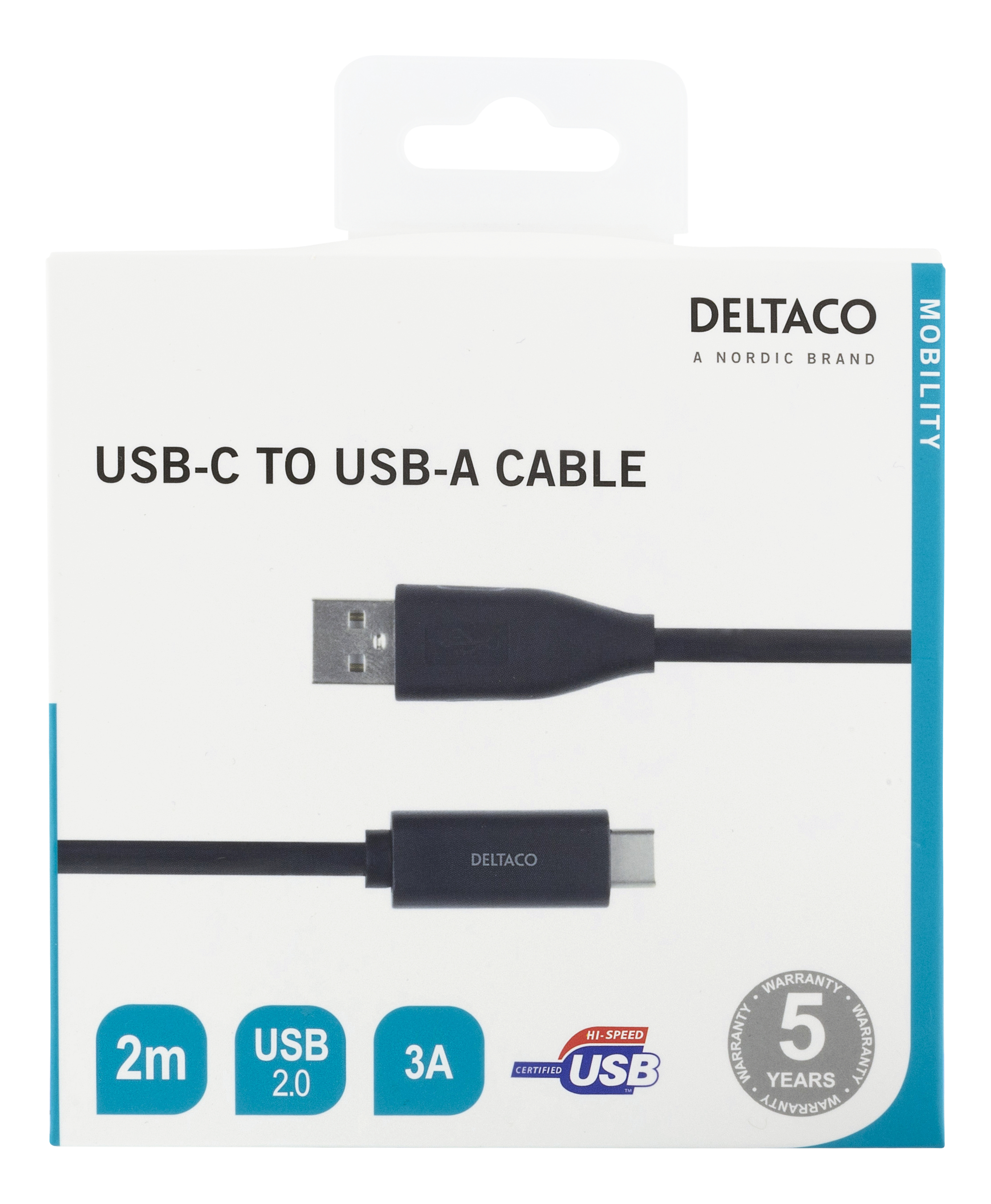 Scatola bianca con cavo USB-C a USB-A nero all'interno. Testo sulla scatola: cavo da USB-C a USB-A.