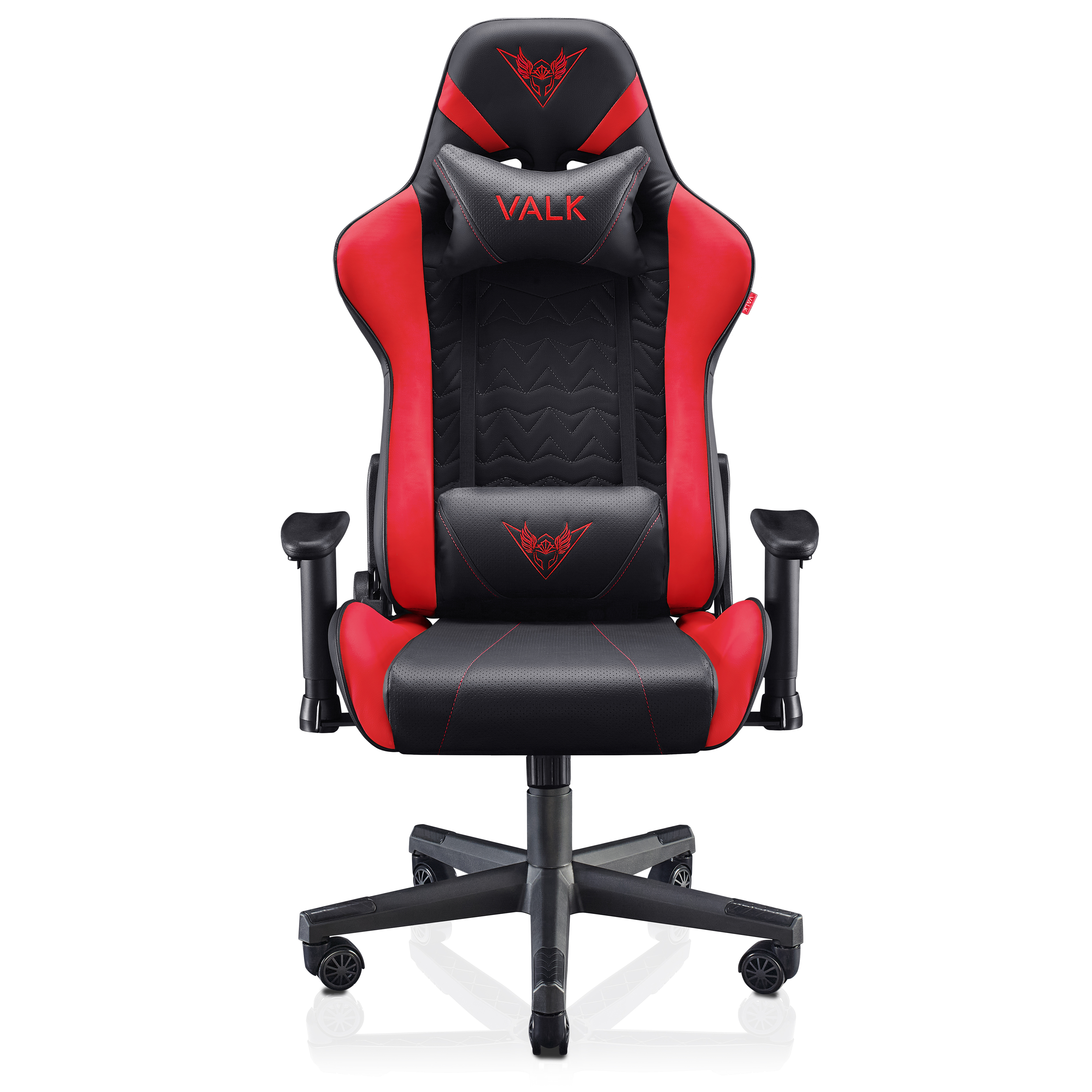 Silla gamer negra y roja, vista frontal, fondo blanco.
