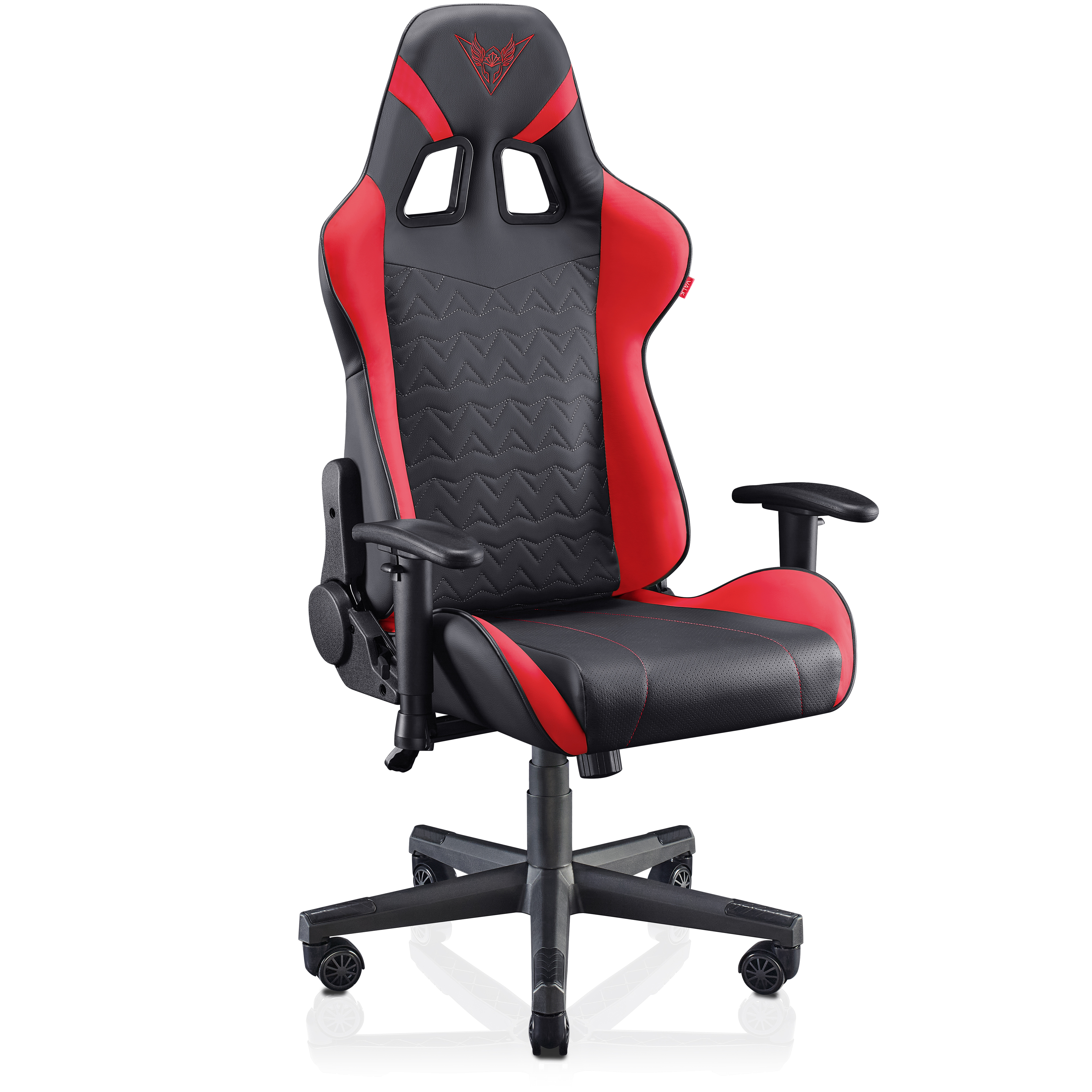 Silla gamer roja y negra con respaldo alto y base de estrella.