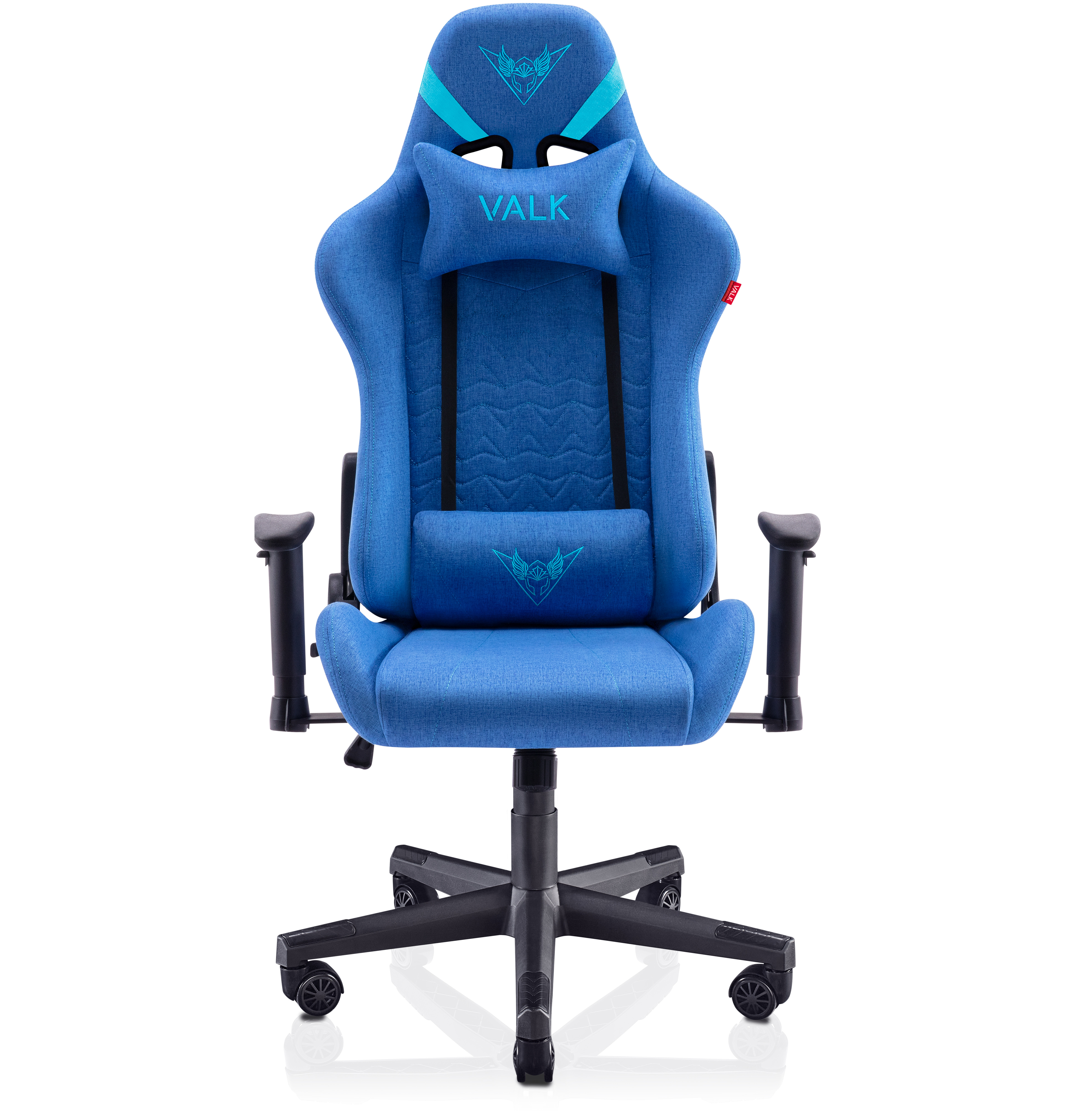 Silla gaming azul con reposabrazos y base negros. Visible la marca 'VALK'.