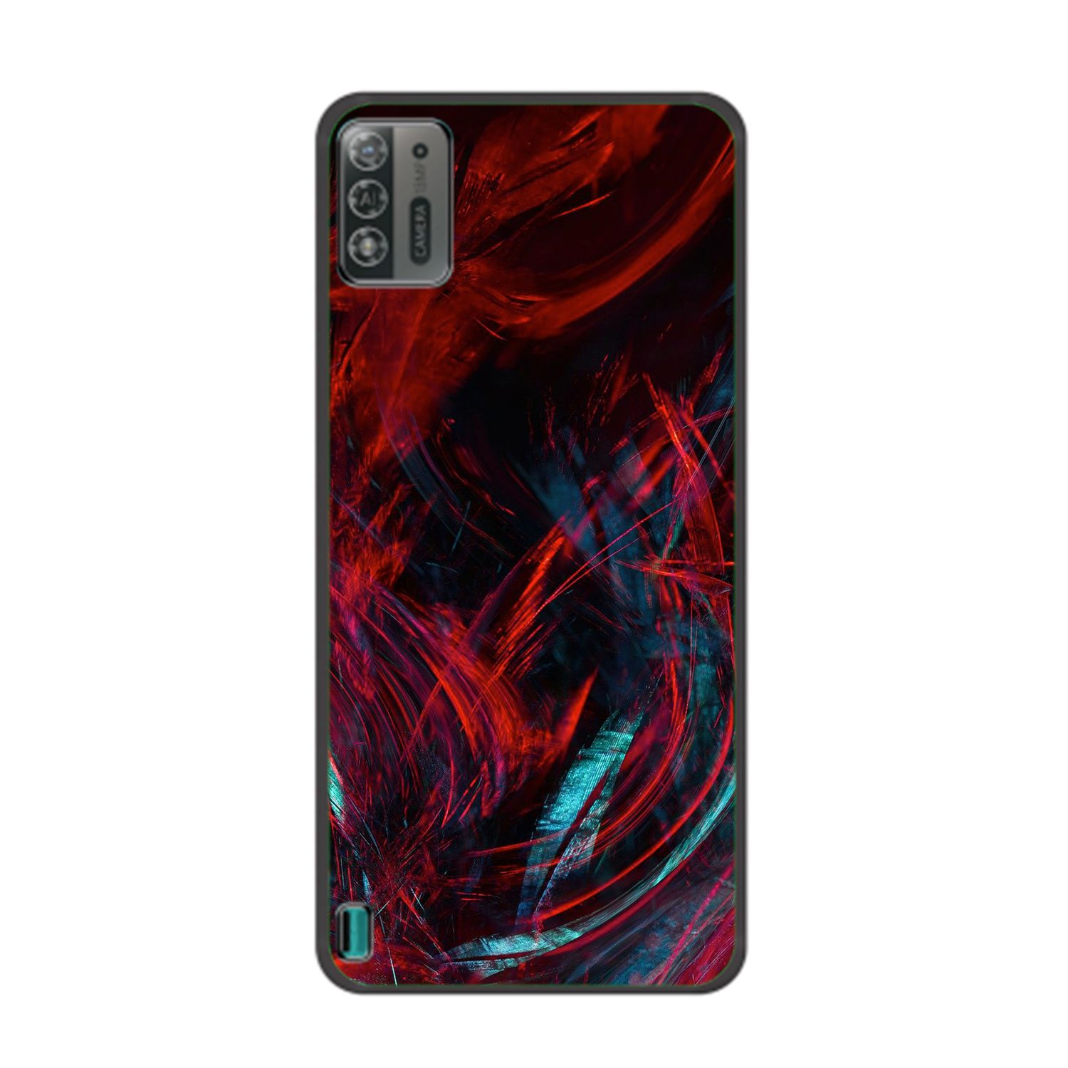 Handyhülle mit abstraktem rot-blauem Design auf schwarzem Rahmen.