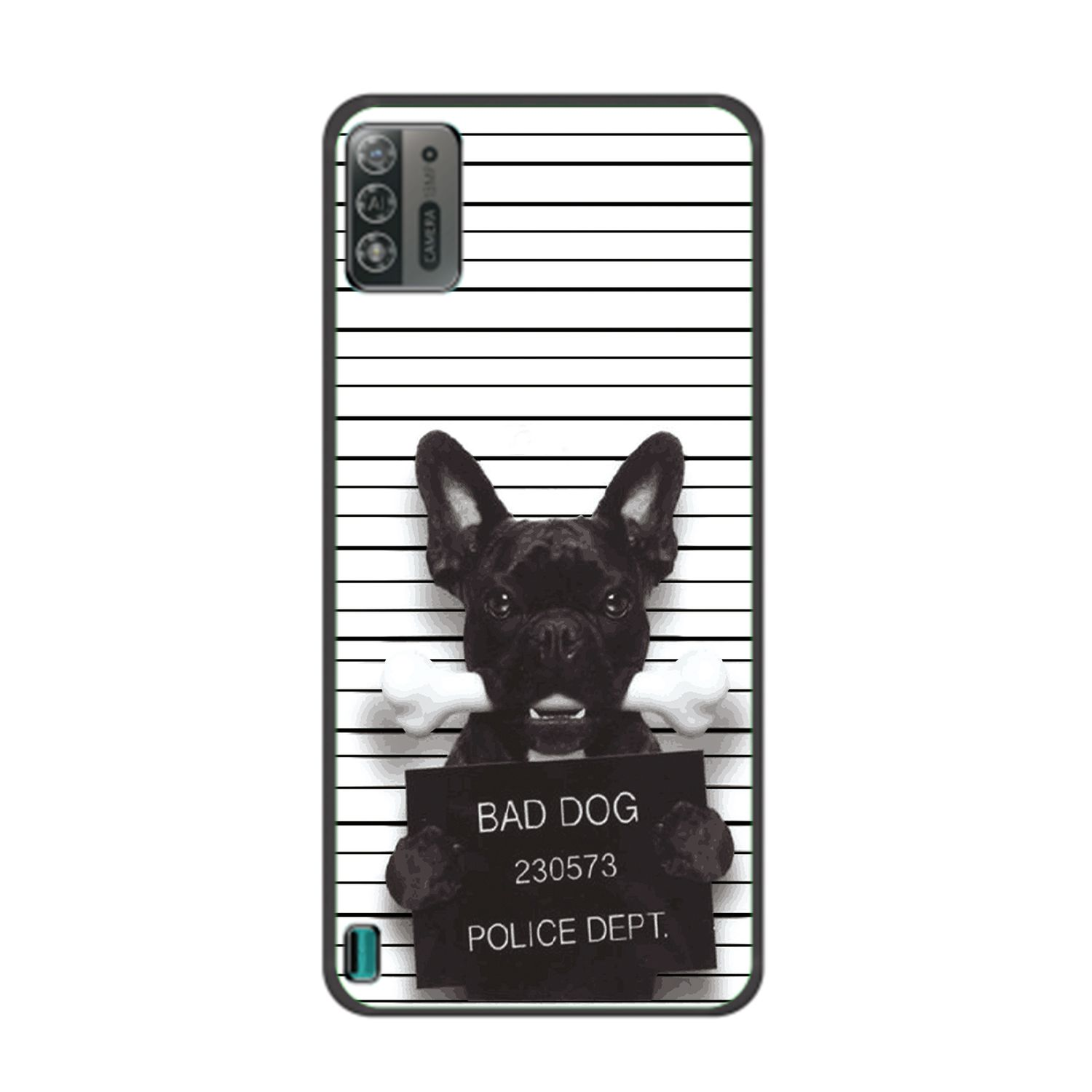 Handyhülle mit einem Hund, der ein Schild mit der Aufschrift "BAD DOG" hält.