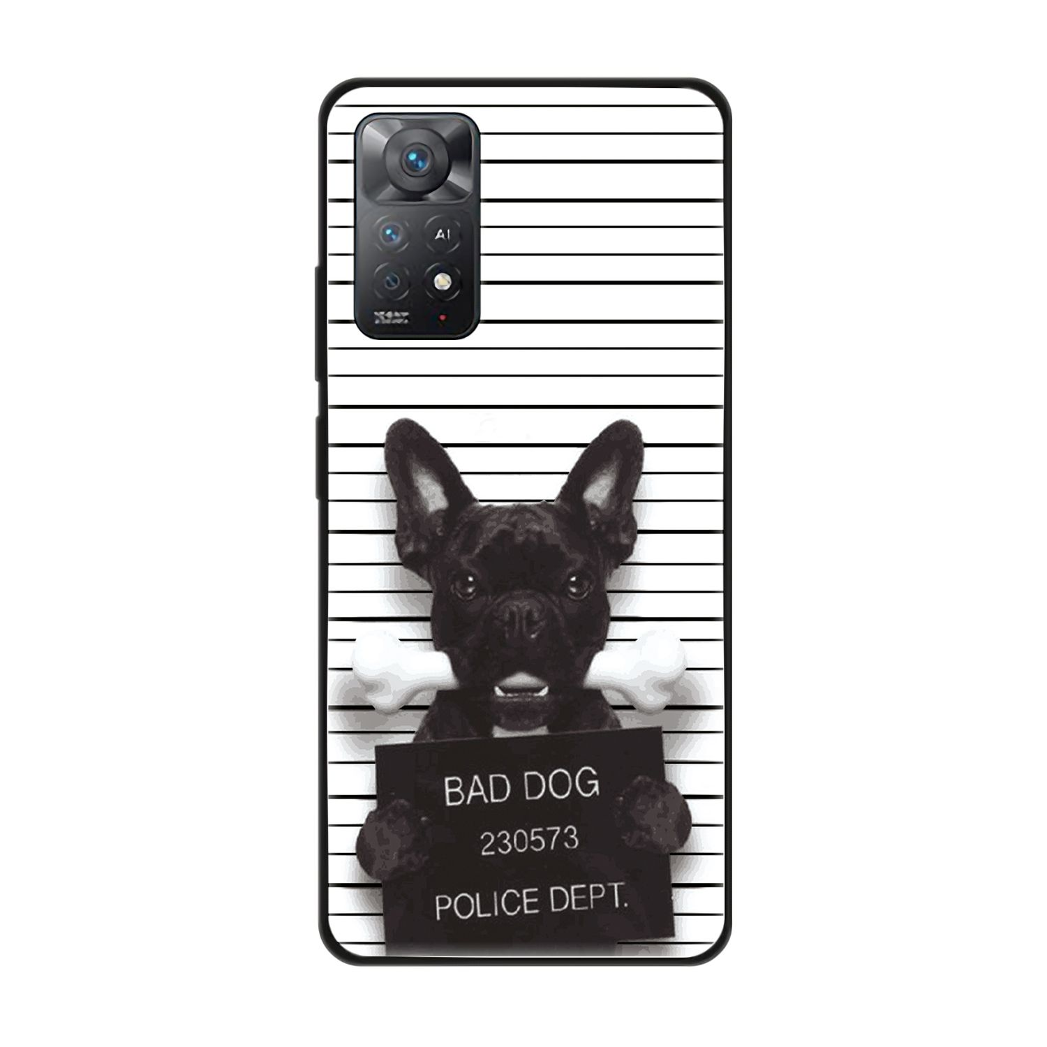 Handyhülle mit einem schwarz-weißen Hund, der ein Schild mit der Aufschrift 'BAD DOG' hält.