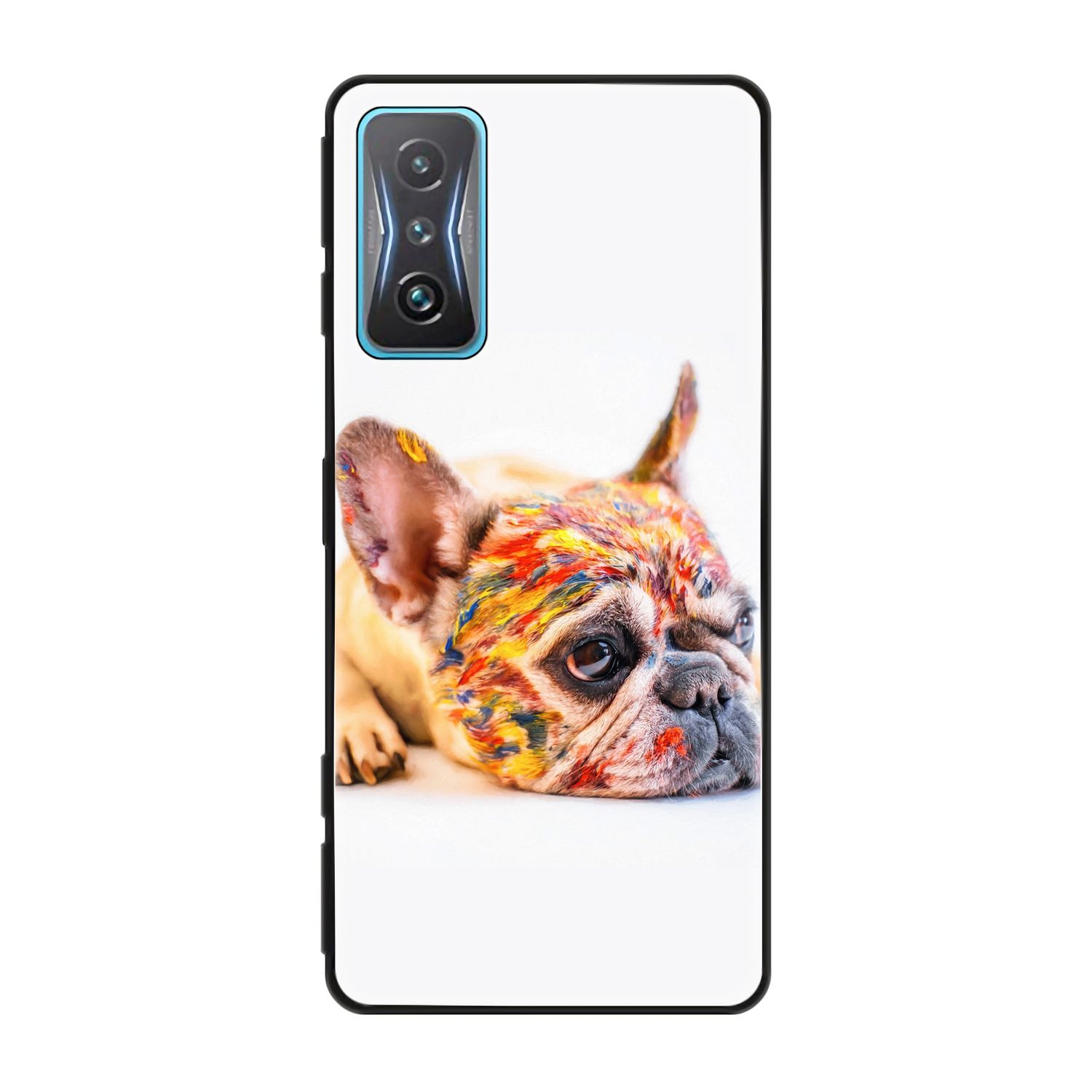 Handyhülle mit einer französischen Bulldogge mit farbenfroher Farbe im Gesicht, die auf weißem Untergrund ruht.