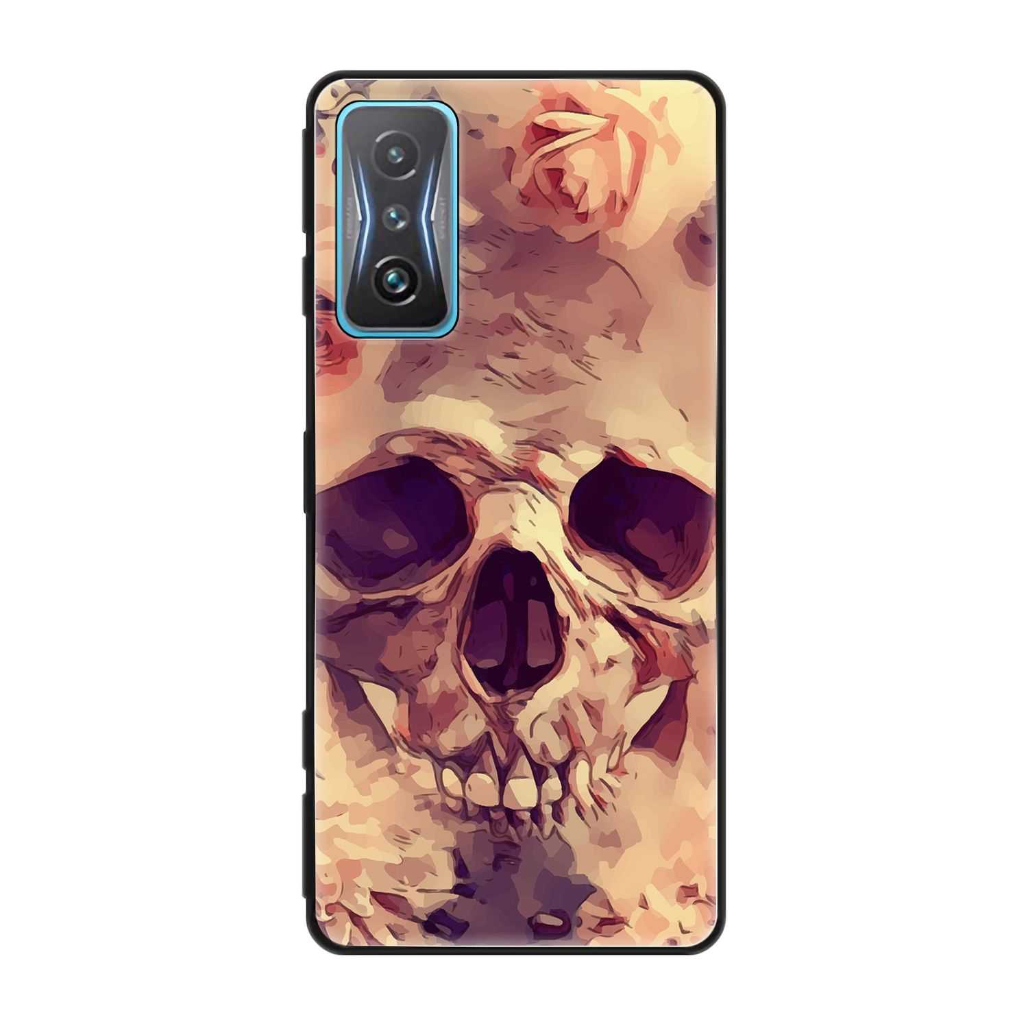 Handyhülle mit einem Totenkopf- und Blumendesign. Der Schädel ist in der Mitte.