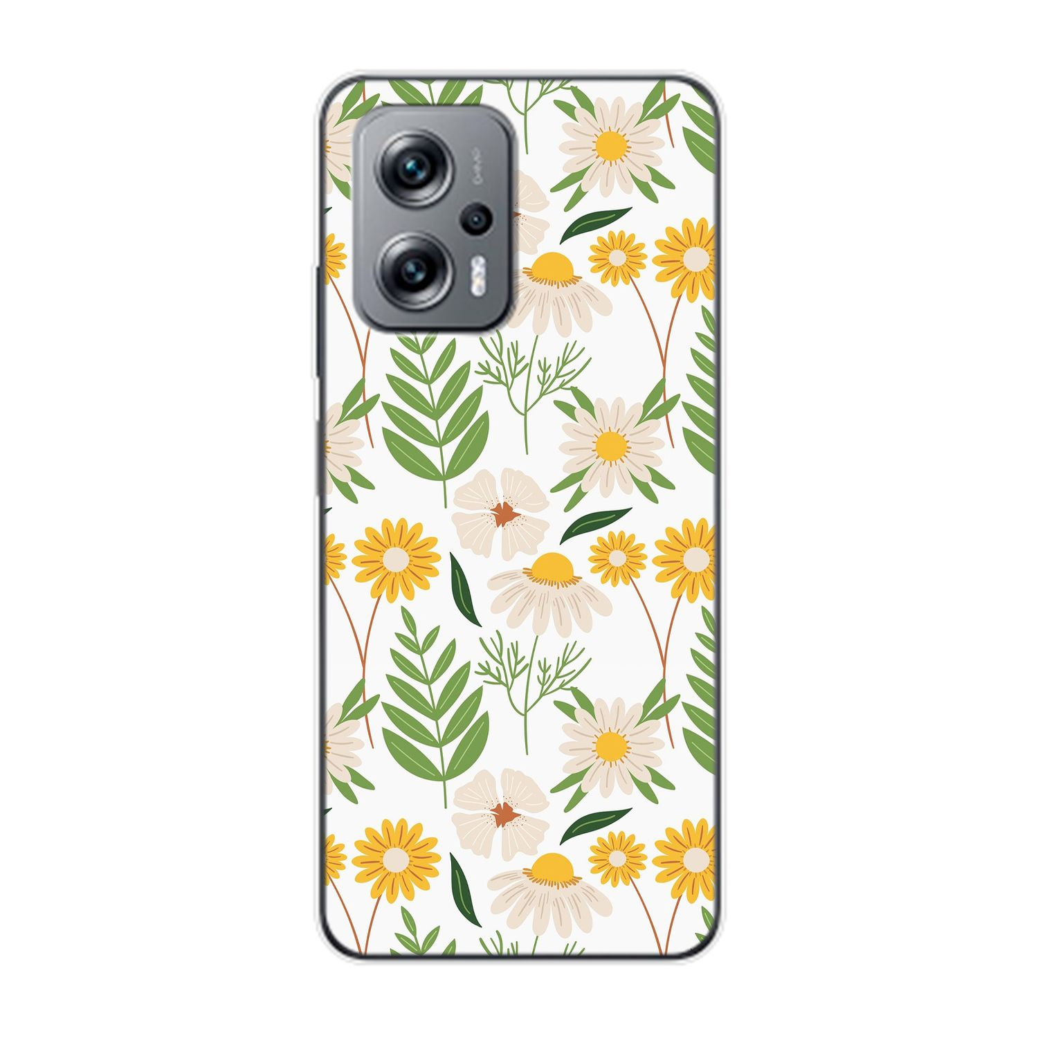 Handyhülle mit floralem Muster. Es gibt weiße und gelbe Blumen mit grünen Blättern. Weißer Hintergrund.